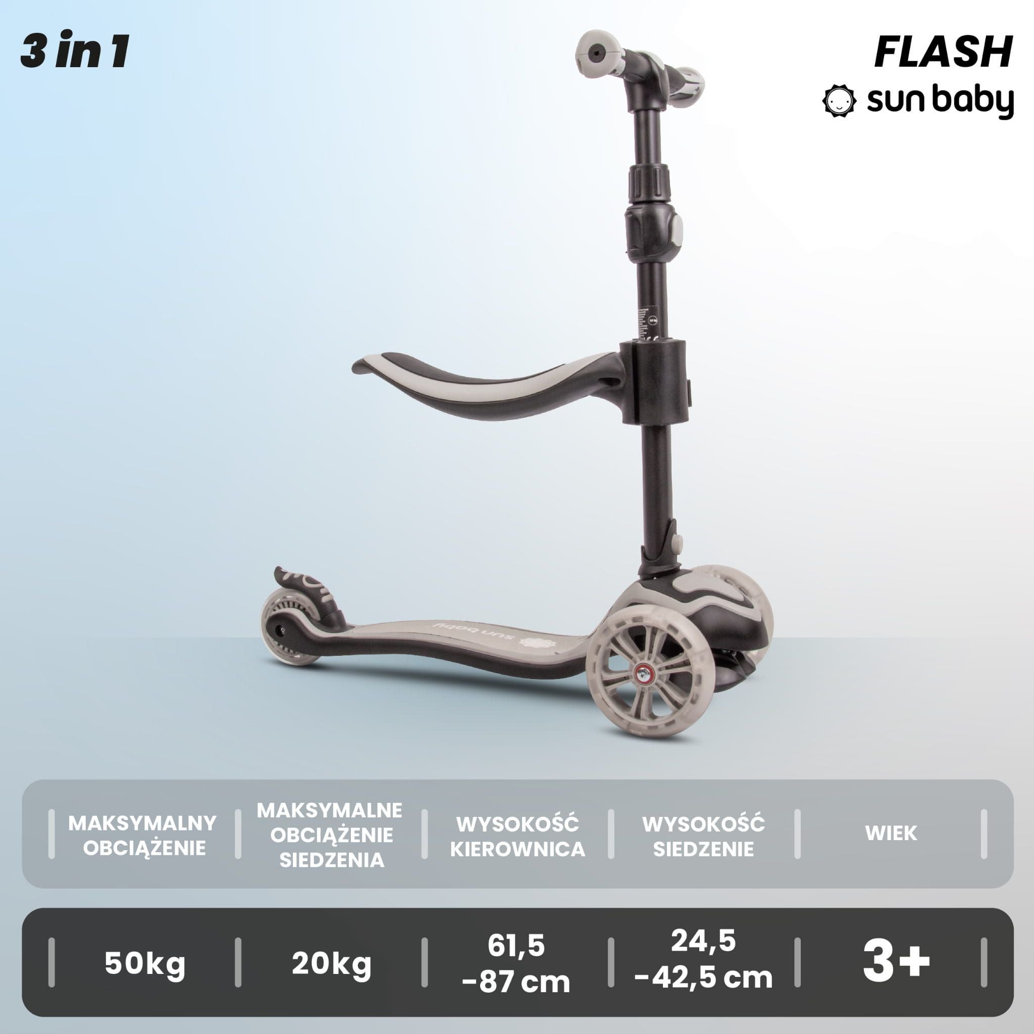 Hulajnoga dla dzieci trójkołowa balansowa Flash 3w1 LED szara