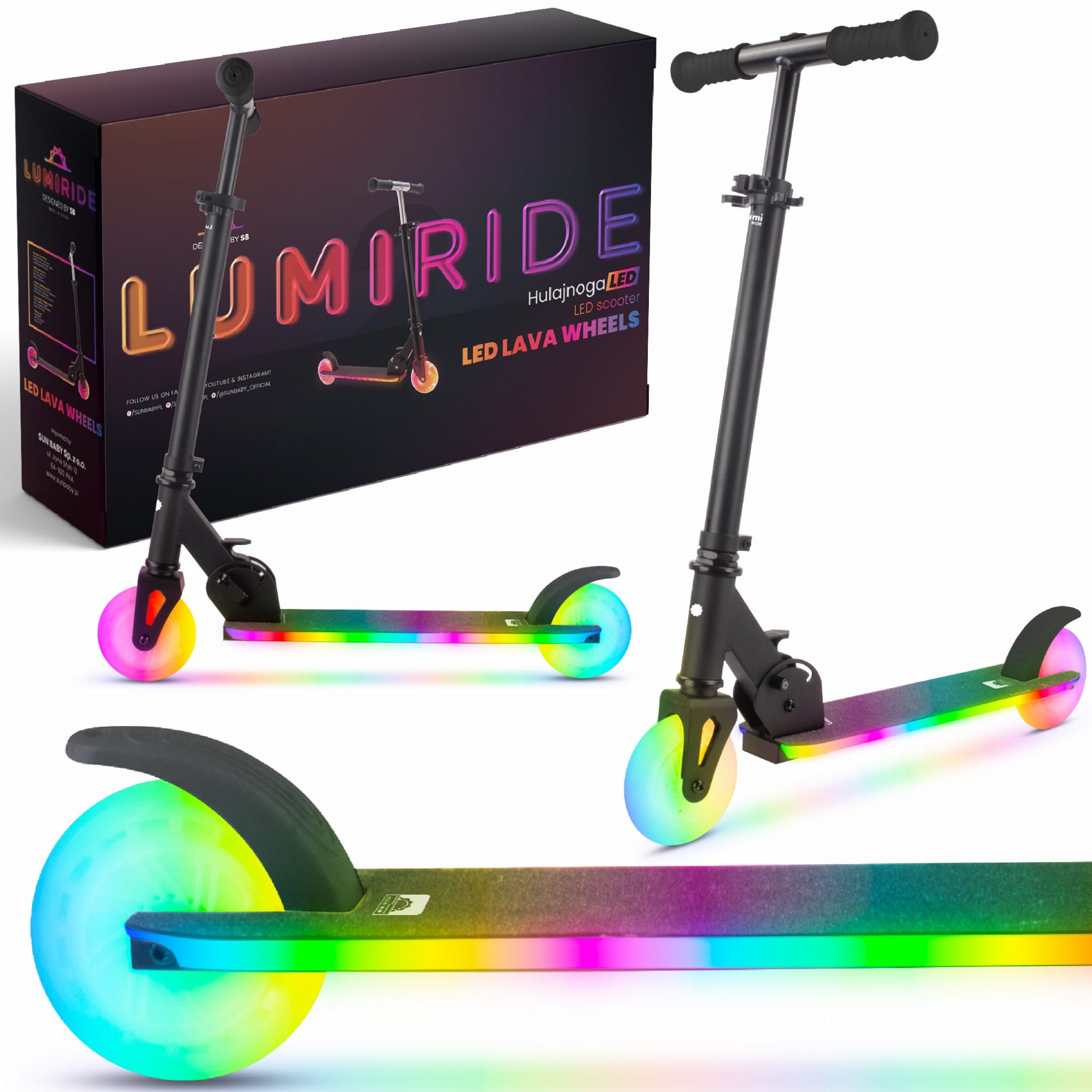 LUMI RIDE Hulajnoga dwukołowa dla dzieci składana regulowana LED 7 kolorów 20 programów czarny Sun Baby