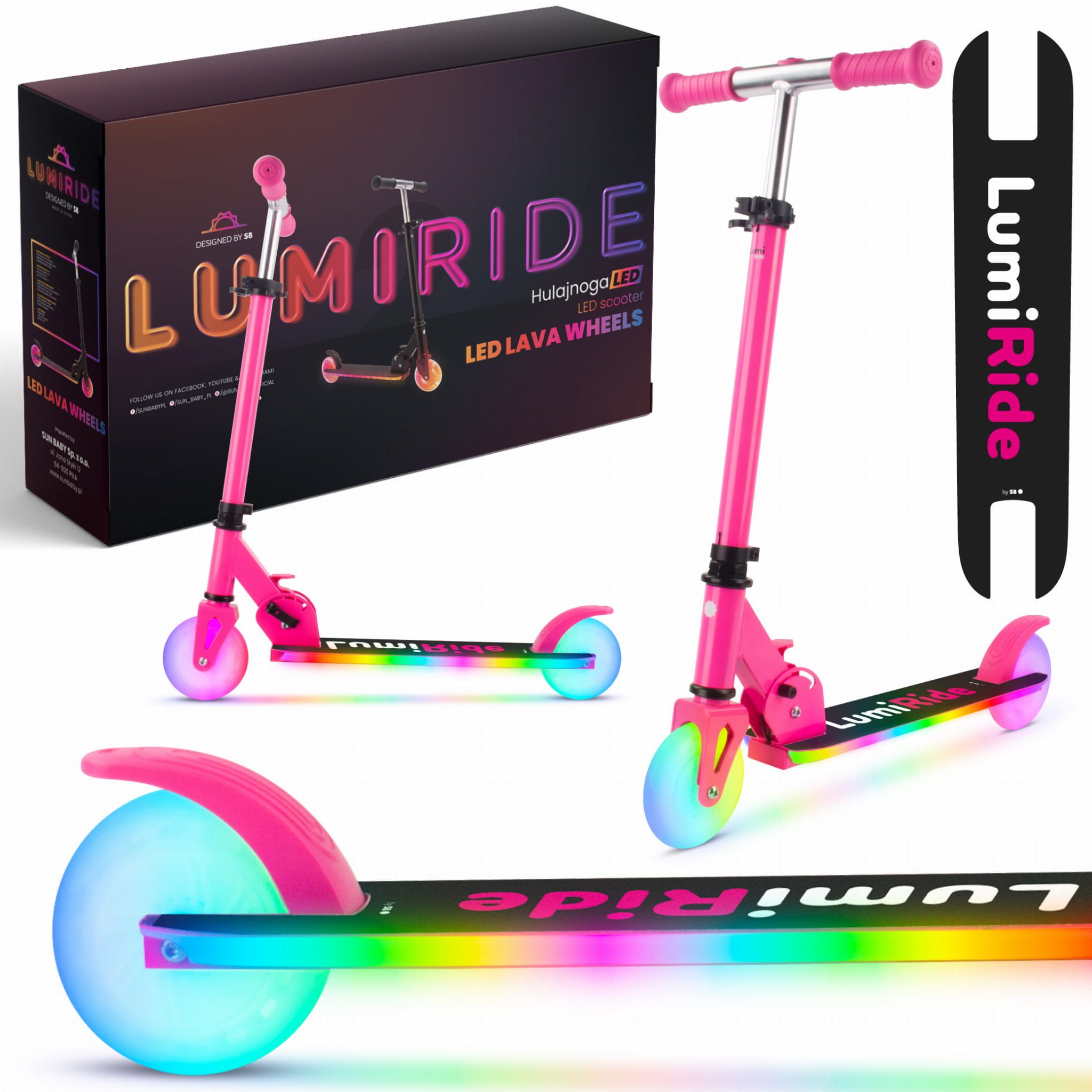 LUMI RIDE Hulajnoga dwukołowa dla dzieci składana regulowana LED 7 kolorów 20 programów fuksja Sun Baby