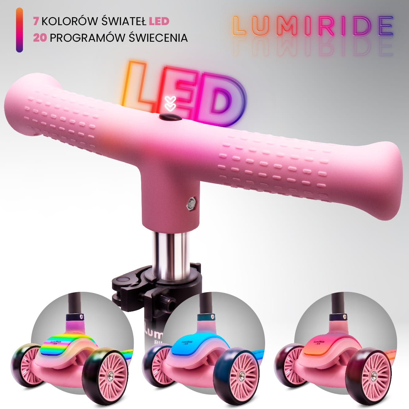 LUMI RIDE Hulajnoga trójkołowa balansowa składana regulowana Platforma LED 7 kolorów 20 programów różowy Sun Baby
