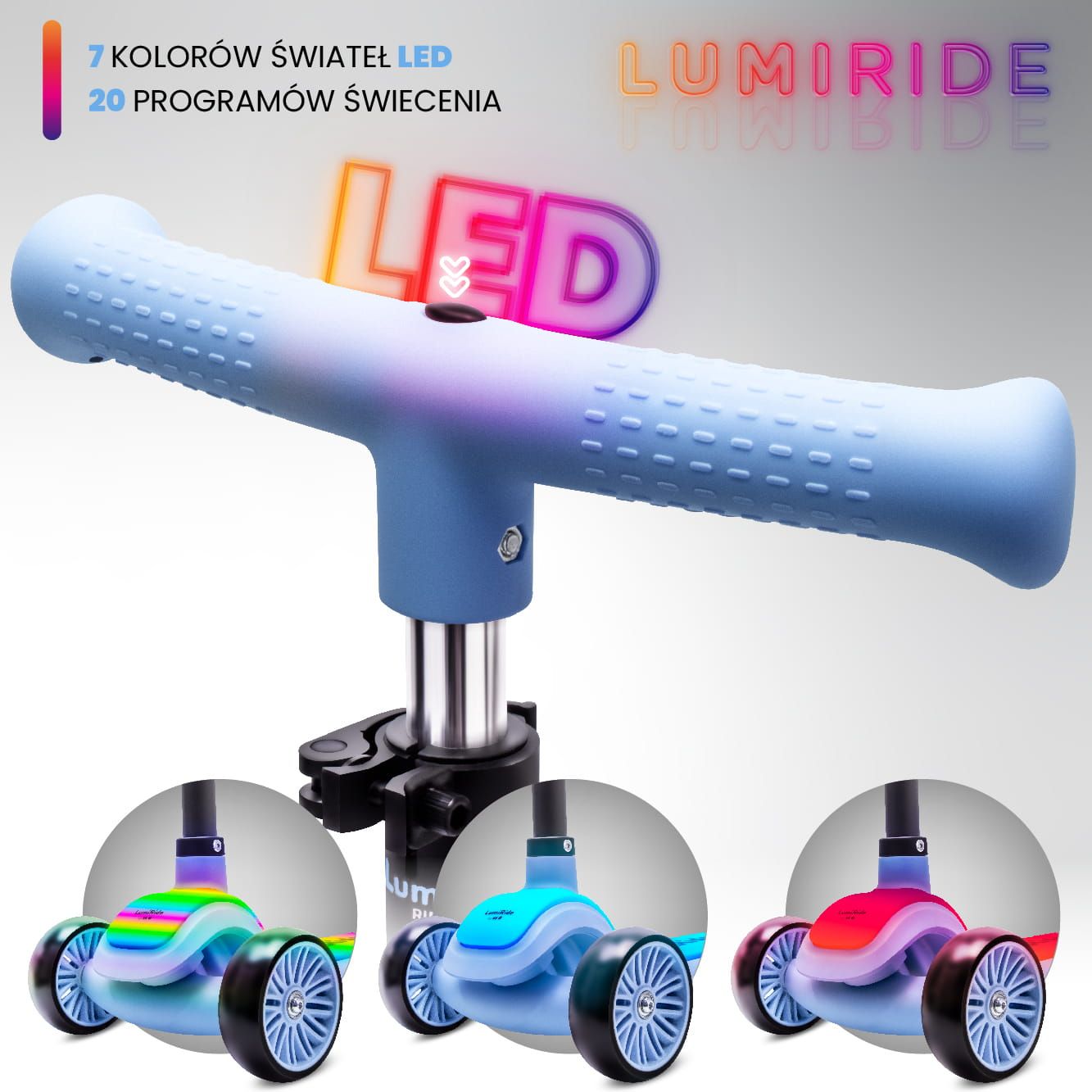 LUMI RIDE Hulajnoga trójkołowa balansowa składana regulowana Platforma LED 7 kolorów 20 programów niebieski Sun Baby