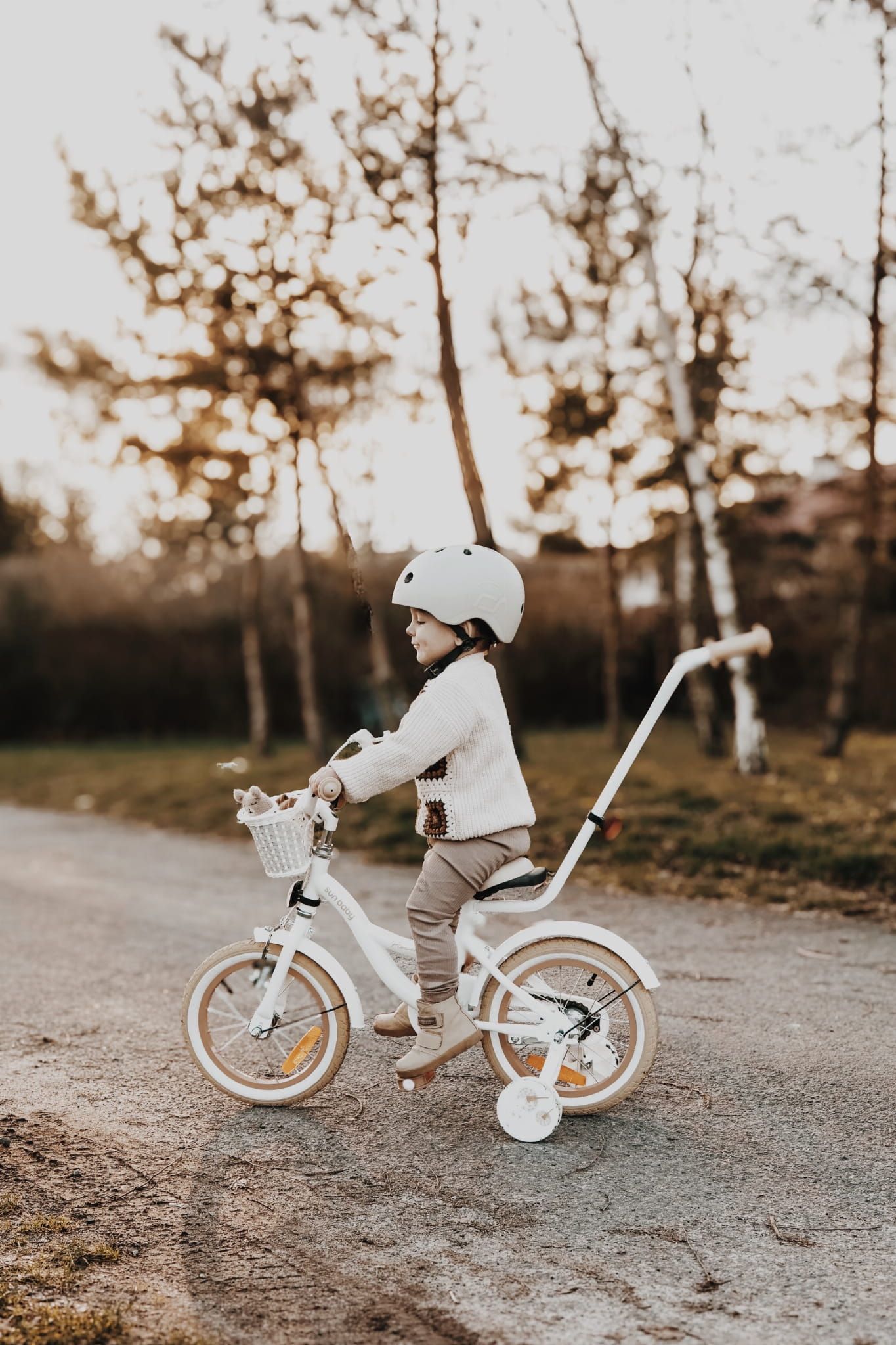 Rower dla dziewczynki 14 cali Pchacz Kółka boczne Koszyk Flower bike Dmuchawiec biało beżowy Sun Baby
