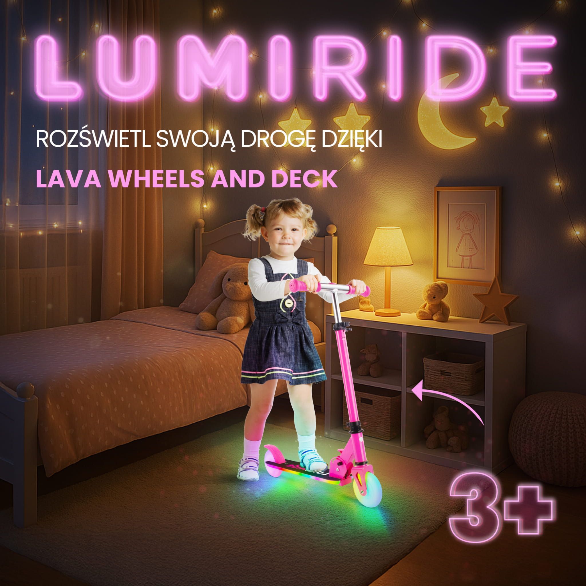 LUMI RIDE Hulajnoga dwukołowa dla dzieci składana regulowana LED 7 kolorów 20 programów fuksja Sun Baby