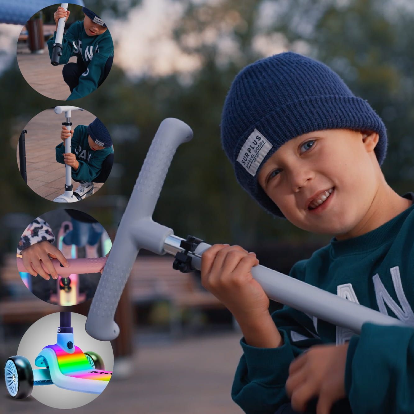 LUMI RIDE Hulajnoga trójkołowa balansowa składana regulowana Platforma LED 7 kolorów 20 programów niebieski Sun Baby