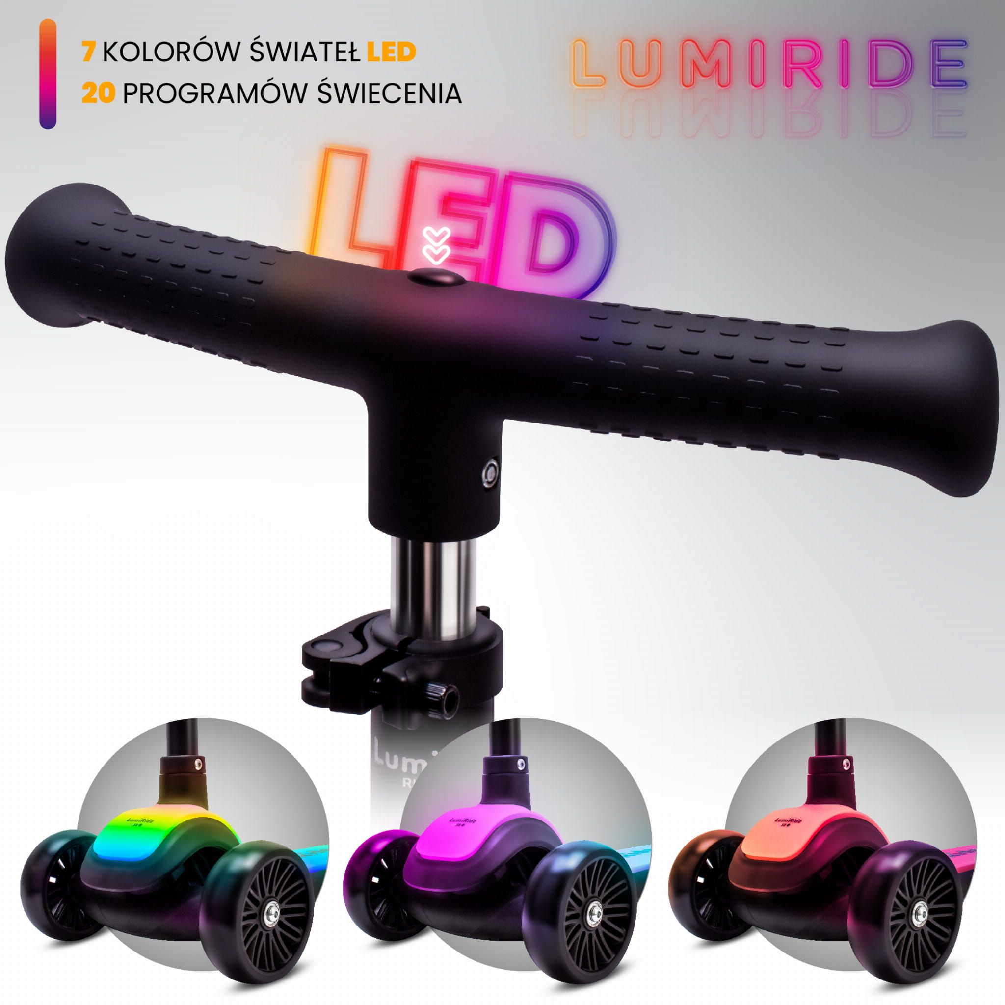LUMI RIDE Hulajnoga trójkołowa balansowa składana regulowana Platforma LED 7 kolorów 20 programów czarny Sun Baby