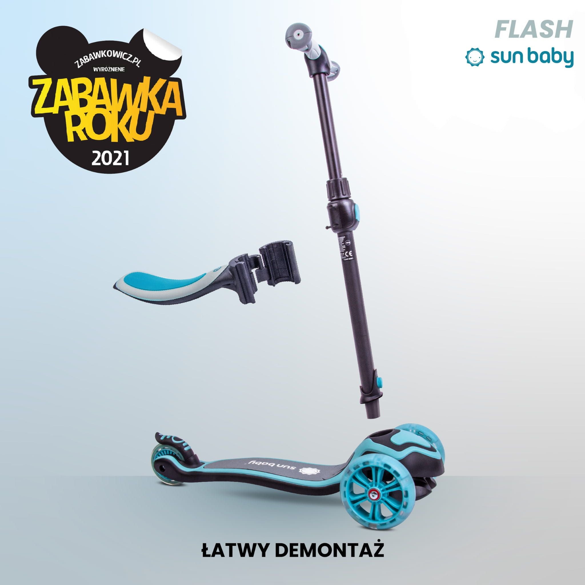 Hulajnoga dla dzieci trójkołowa balansowa Flash 3w1 LED dla dzieci - pastelowo niebieska