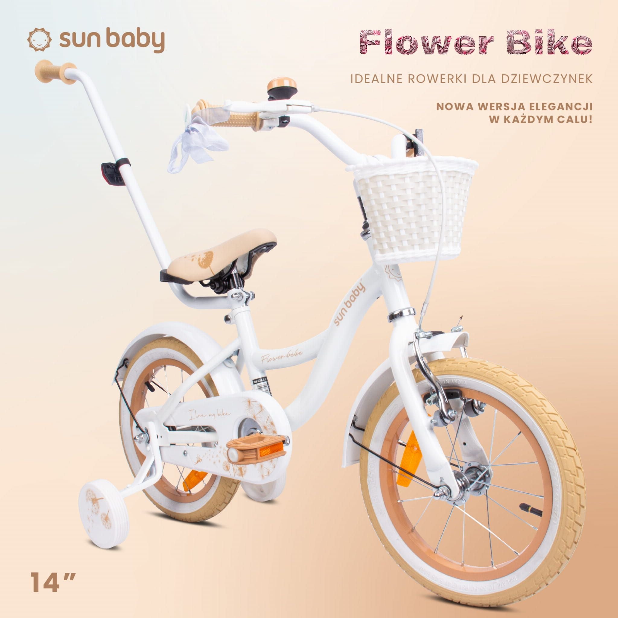 Rower dla dziewczynki 14 cali Pchacz Kółka boczne Koszyk Flower bike Dmuchawiec biało beżowy Sun Baby
