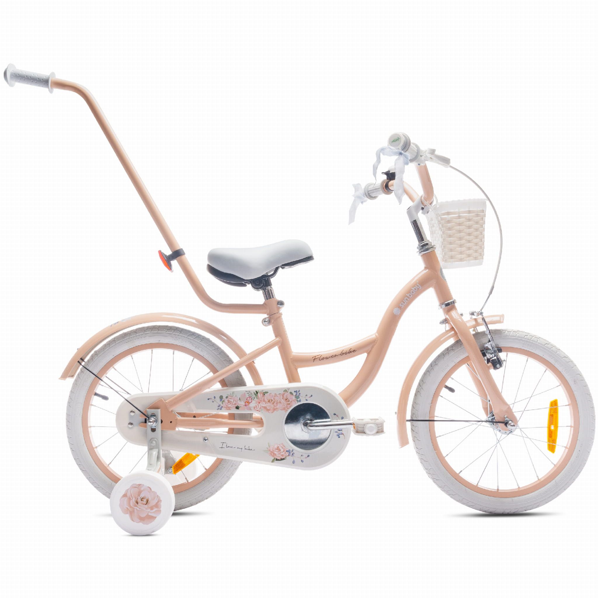 Rower dla dziewczynki 16 cali Pchacz kółka boczne Flower bike morelowy