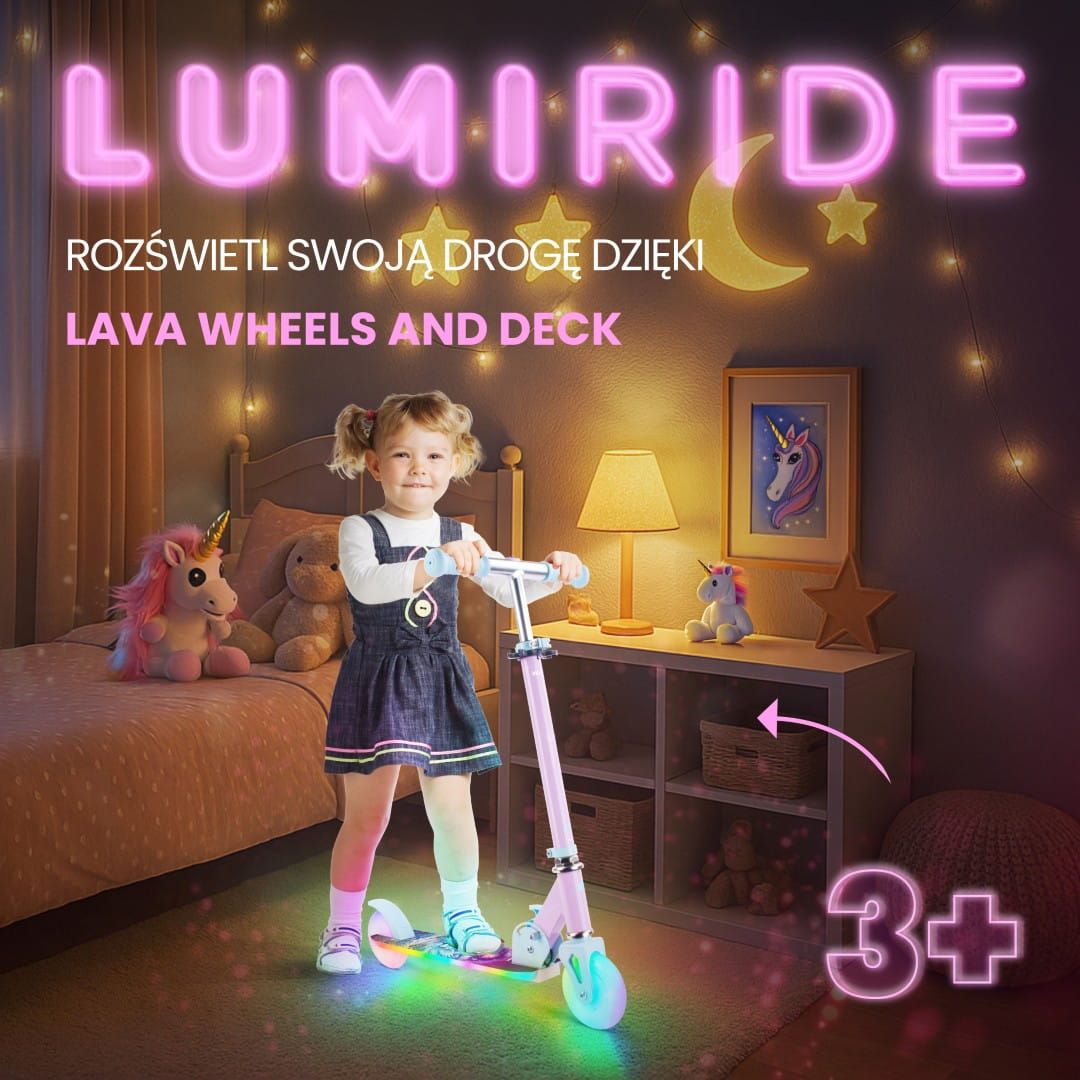 LUMI RIDE Hulajnoga dwukołowa dla dzieci składana regulowana LED 7 kolorów 20 programów Unicorn Sun Baby