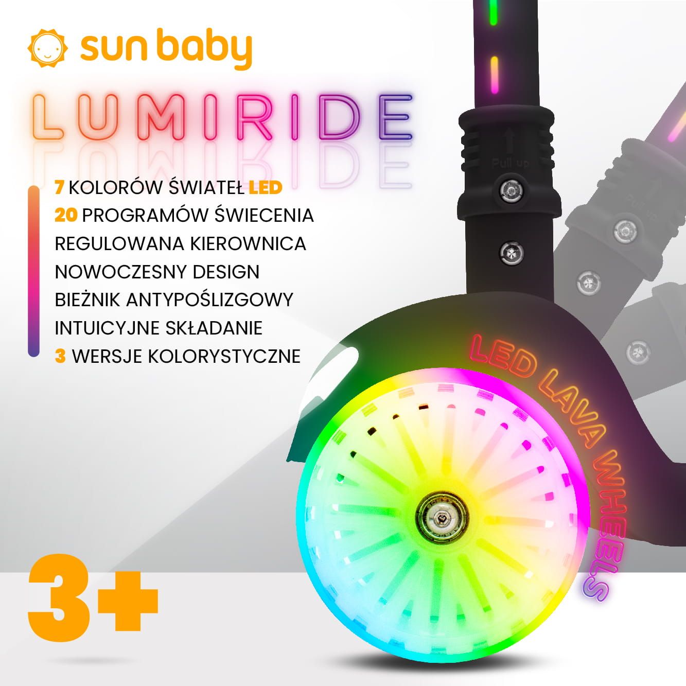 LUMI RIDE Hulajnoga trójkołowa balansowa składana regulowana Koła tęcza LED 7 kolorów 20 programów czarny Sun Baby