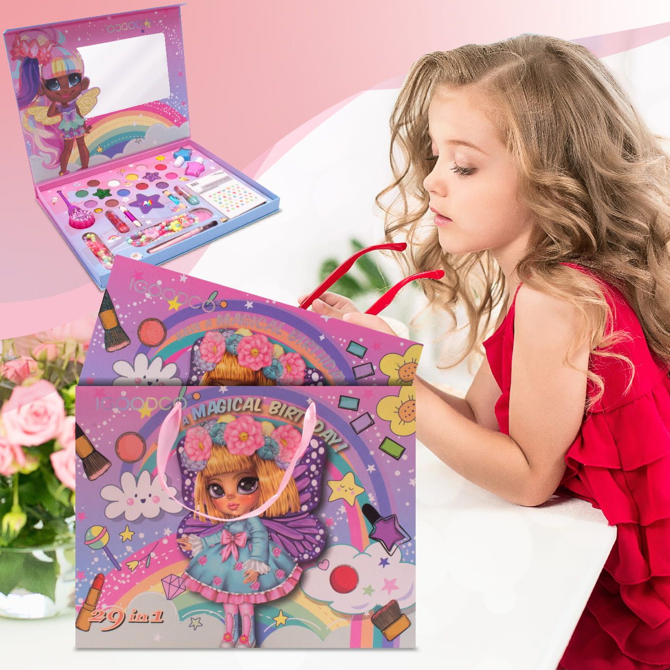 Zestaw do makijażu biżuteria Paletka cieni do makijażu Szminka Naklejki na paznokcie Biżuteria Make Up Lusterko Sun Baby