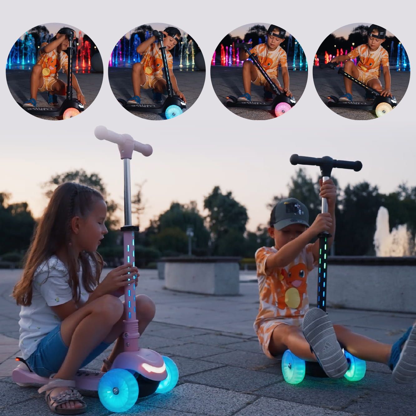 LUMI RIDE Hulajnoga trójkołowa balansowa składana regulowana Koła tęcza LED 7 kolorów 20 programów czarny Sun Baby