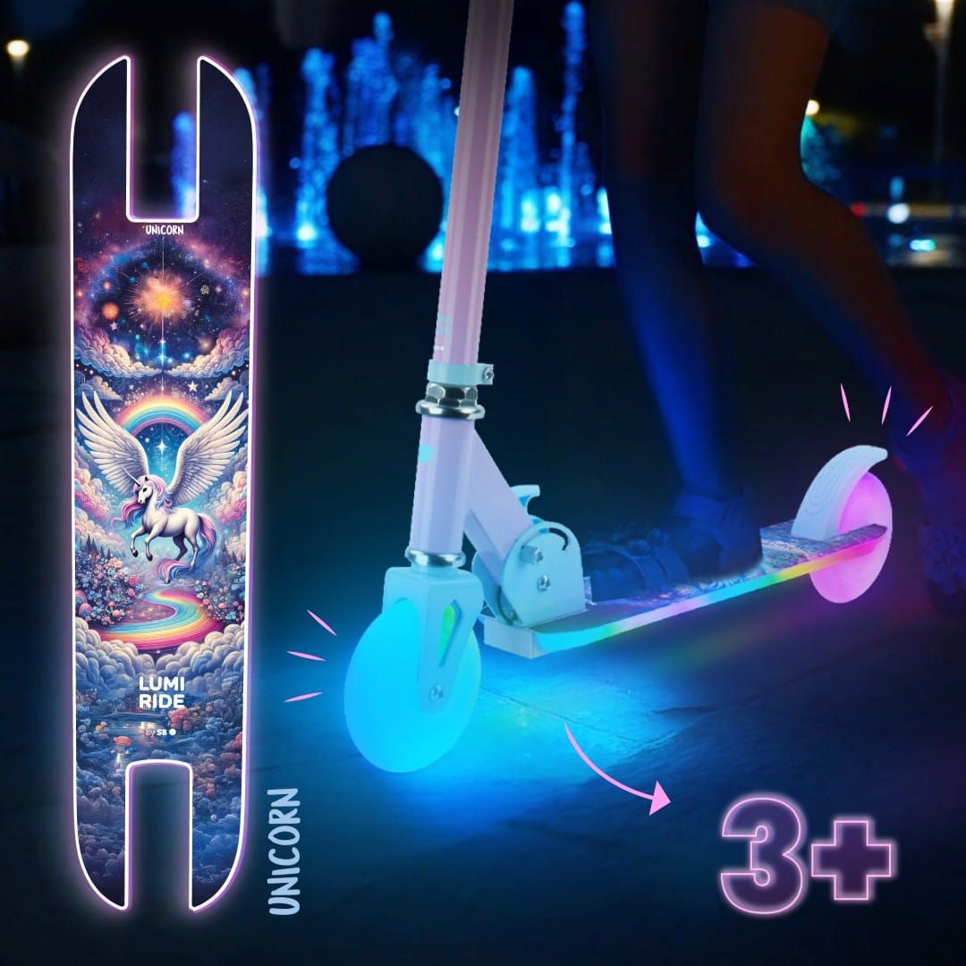 LUMI RIDE Hulajnoga dwukołowa dla dzieci składana regulowana LED 7 kolorów 20 programów Unicorn Sun Baby