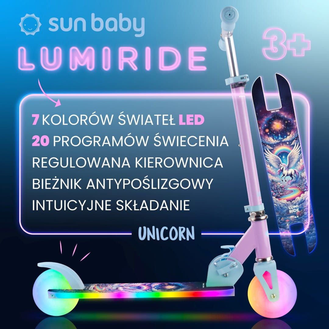 LUMI RIDE Hulajnoga dwukołowa dla dzieci składana regulowana LED 7 kolorów 20 programów Unicorn Sun Baby
