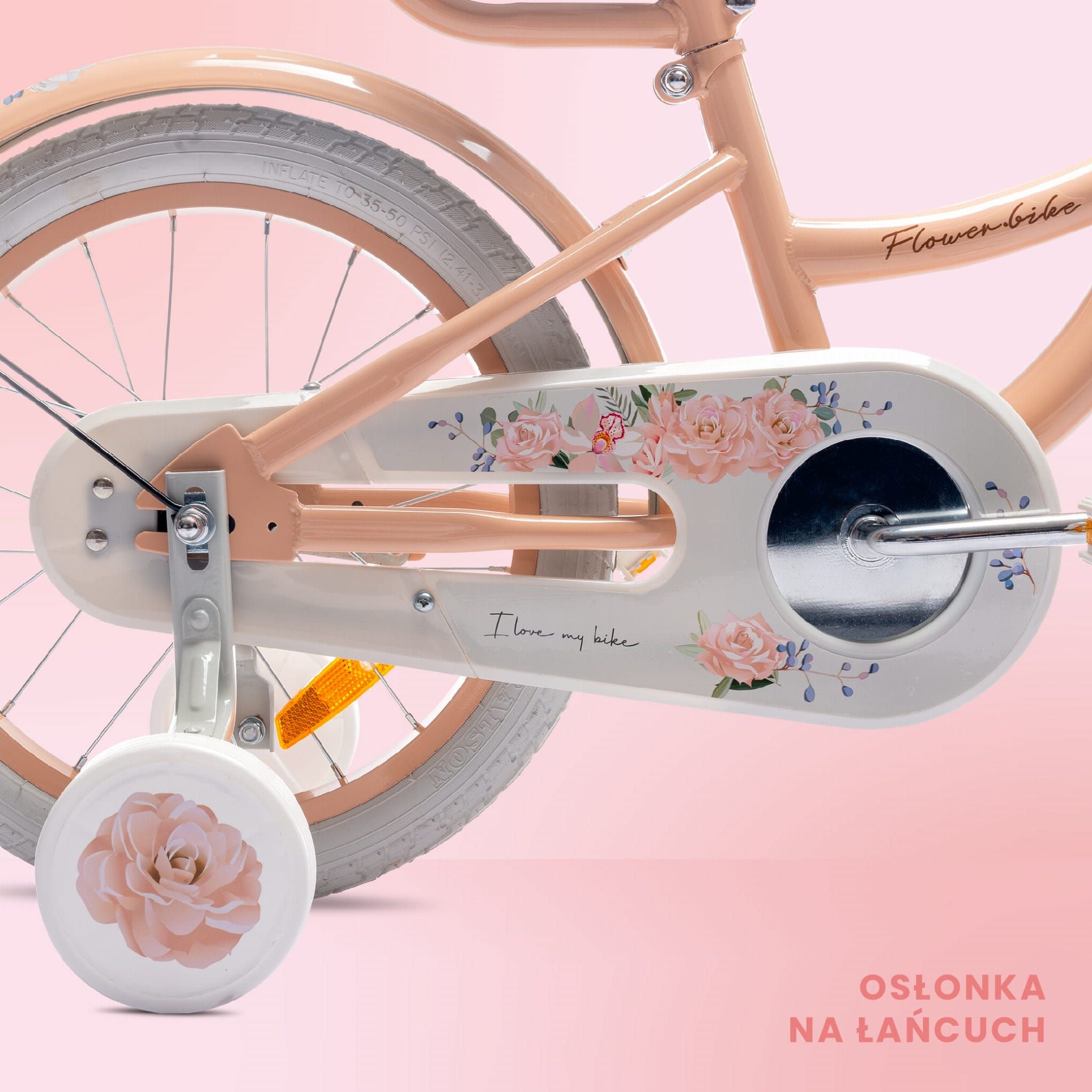 Rower dla dziewczynki 16 cali Pchacz kółka boczne Flower bike morelowy
