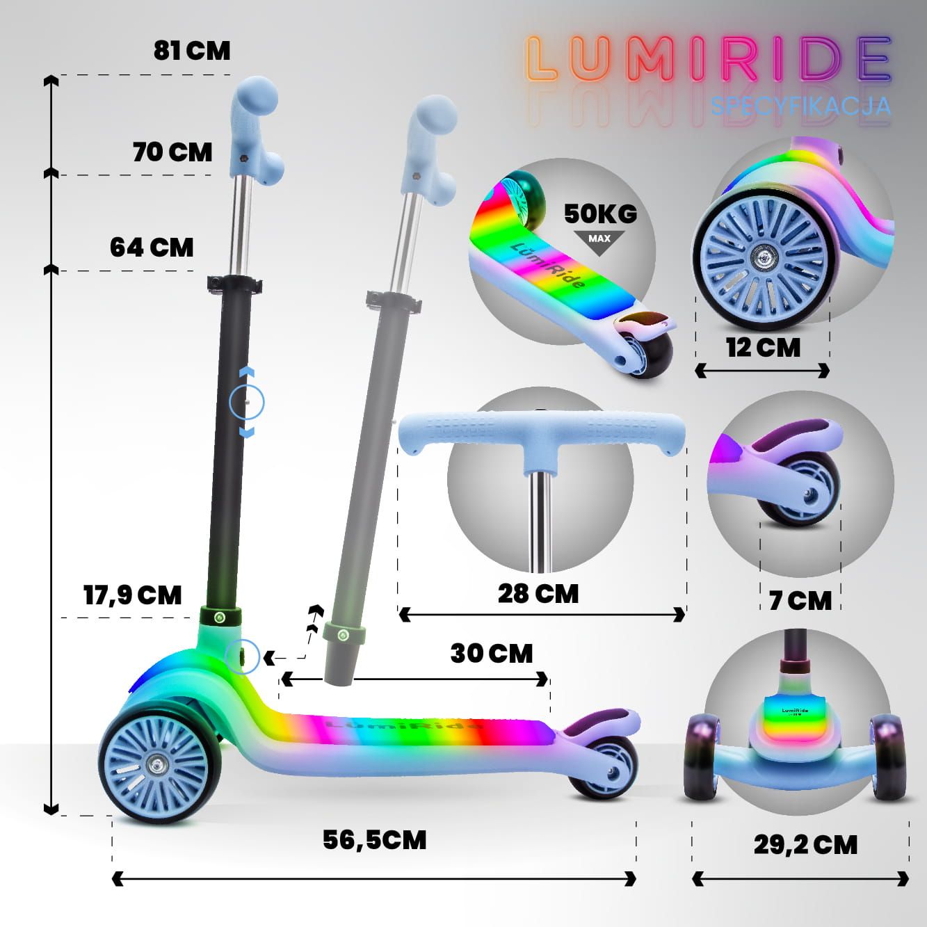 LUMI RIDE Hulajnoga trójkołowa balansowa składana regulowana Platforma LED 7 kolorów 20 programów niebieski Sun Baby