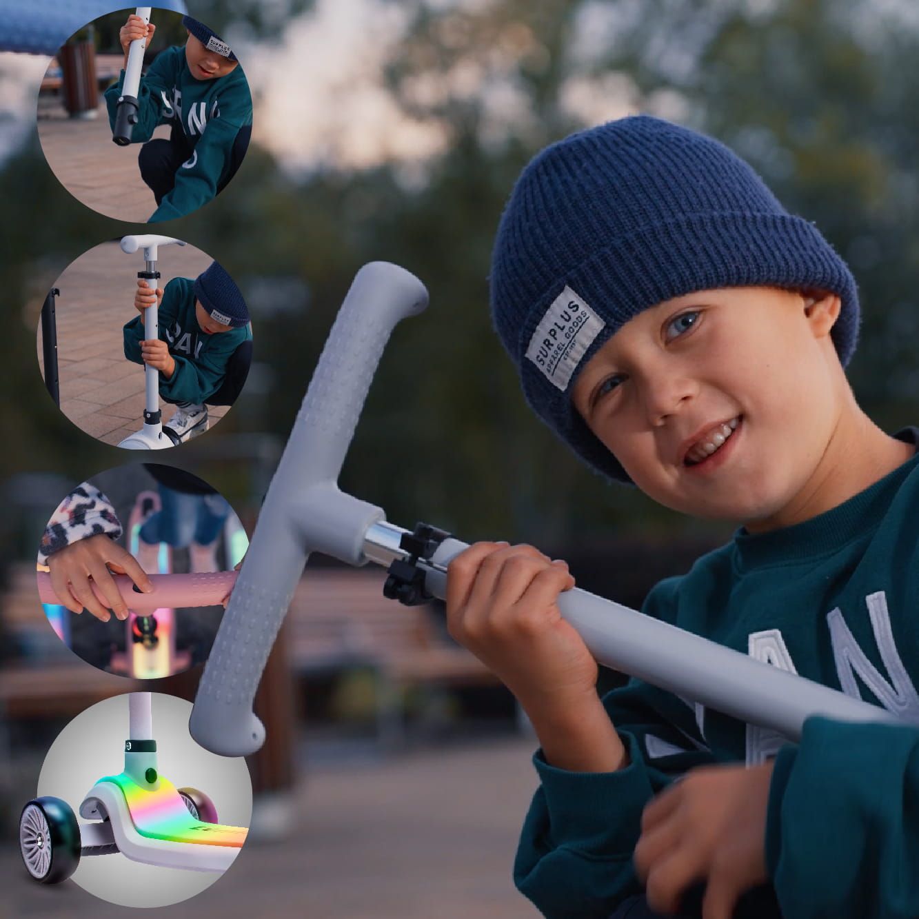 LUMI RIDE Hulajnoga trójkołowa balansowa składana regulowana Platforma LED 7 kolorów 20 programów szary Sun Baby