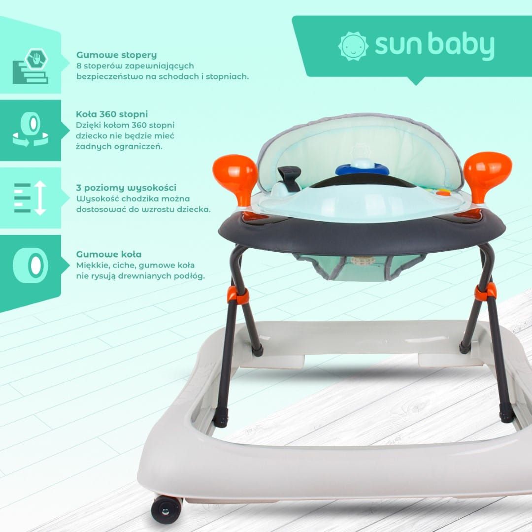 Chodzik dla dzieci interaktywny do nauki chodzenia regulacja wysokości kierownica stopery turkusowo szary