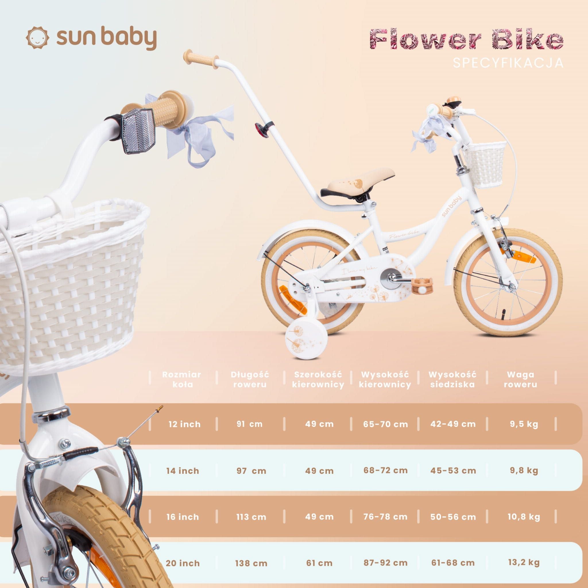 Rower dla dziewczynki 14 cali Pchacz Kółka boczne Koszyk Flower bike Dmuchawiec biało beżowy Sun Baby