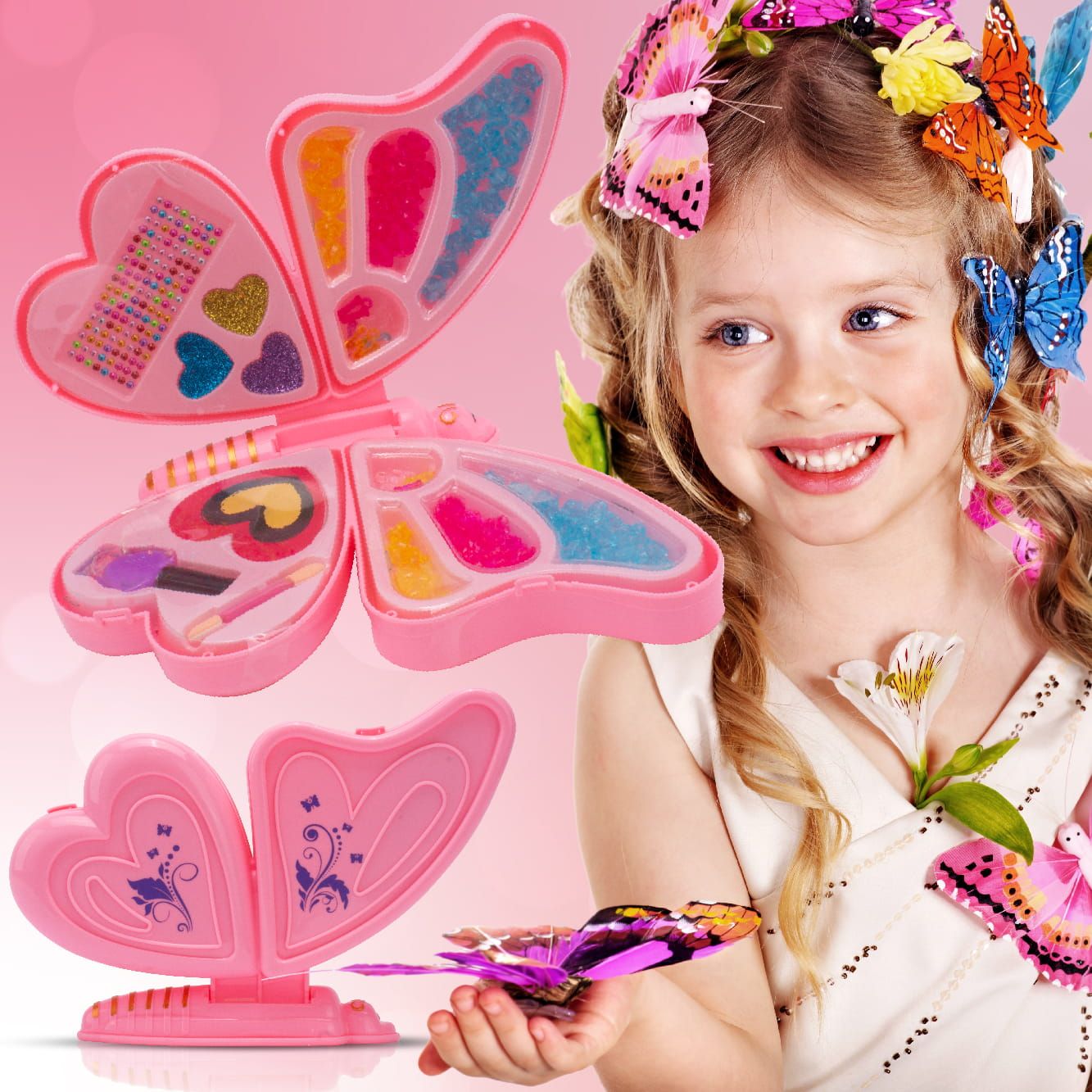 Zestaw do robienia bransoletek biżuterii makijażu koraliki kwiatki Makeup naklejki lakier Diy Motyl 2w1 Sun Baby