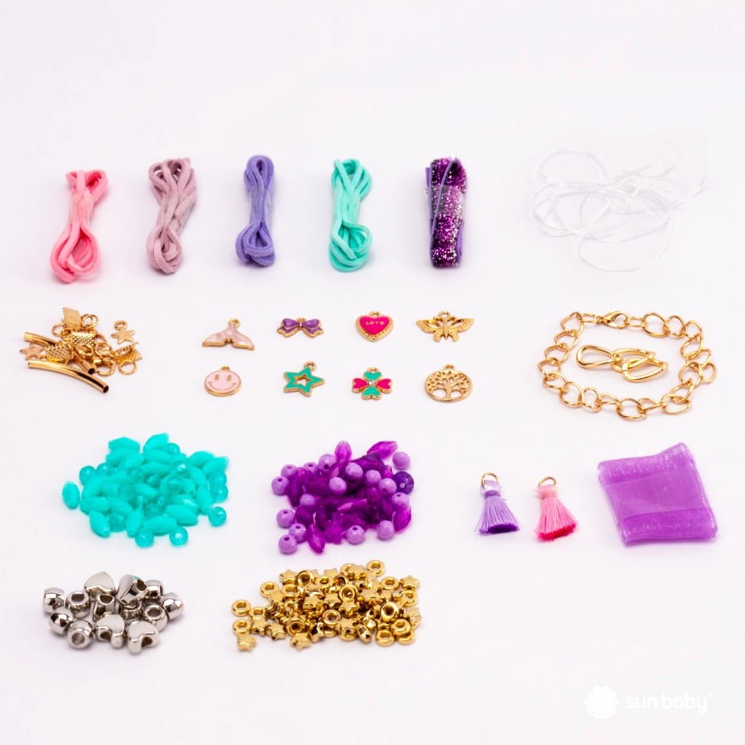 Zestaw do robienia bransoletek biżuterii zawieszki koraliki bransoletki wstążka 210 el Sun Baby
