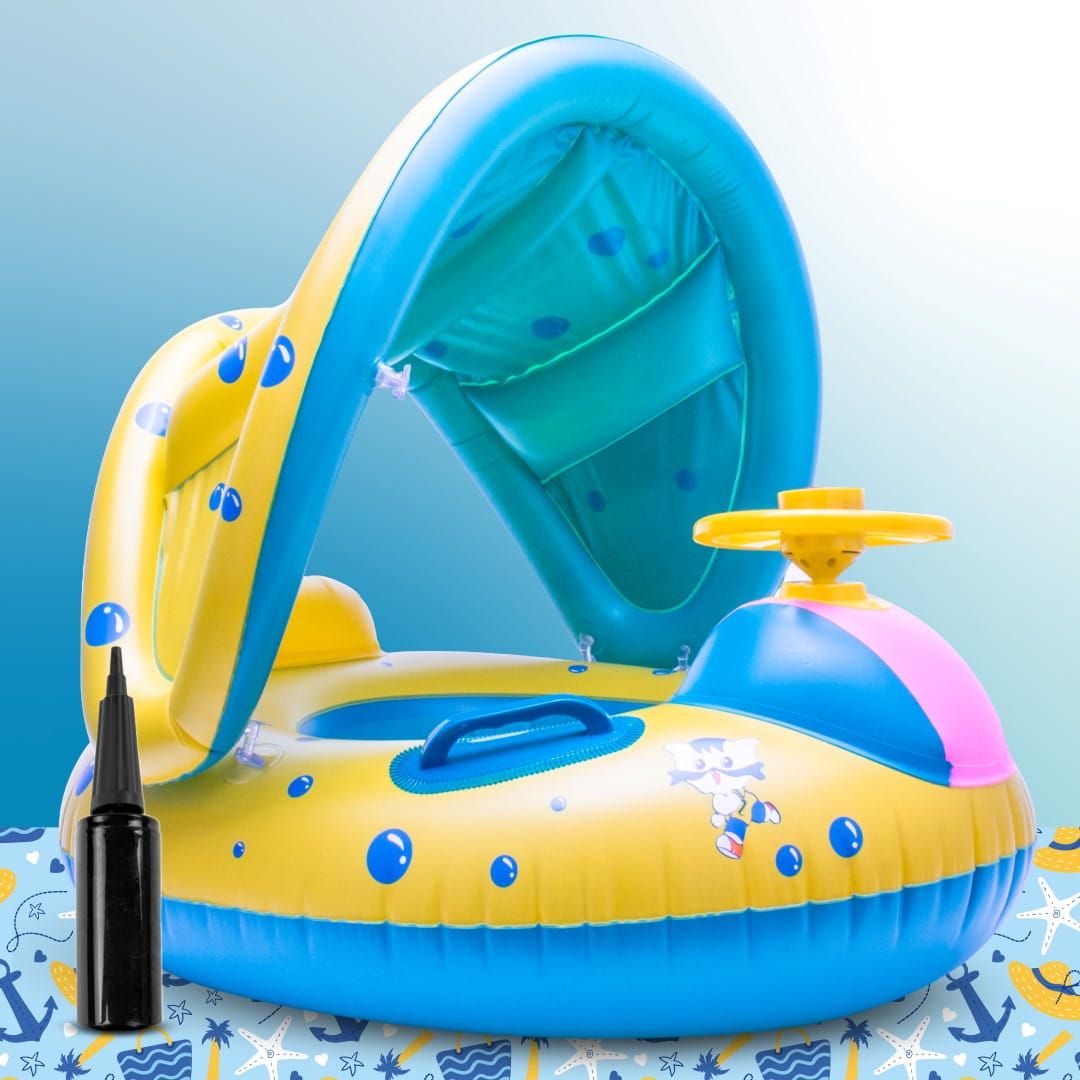 Koło do pływania Materac dmuchany Pontonik dla dzieci z daszkiem z kierownicą Pompka ręczna Sun Baby