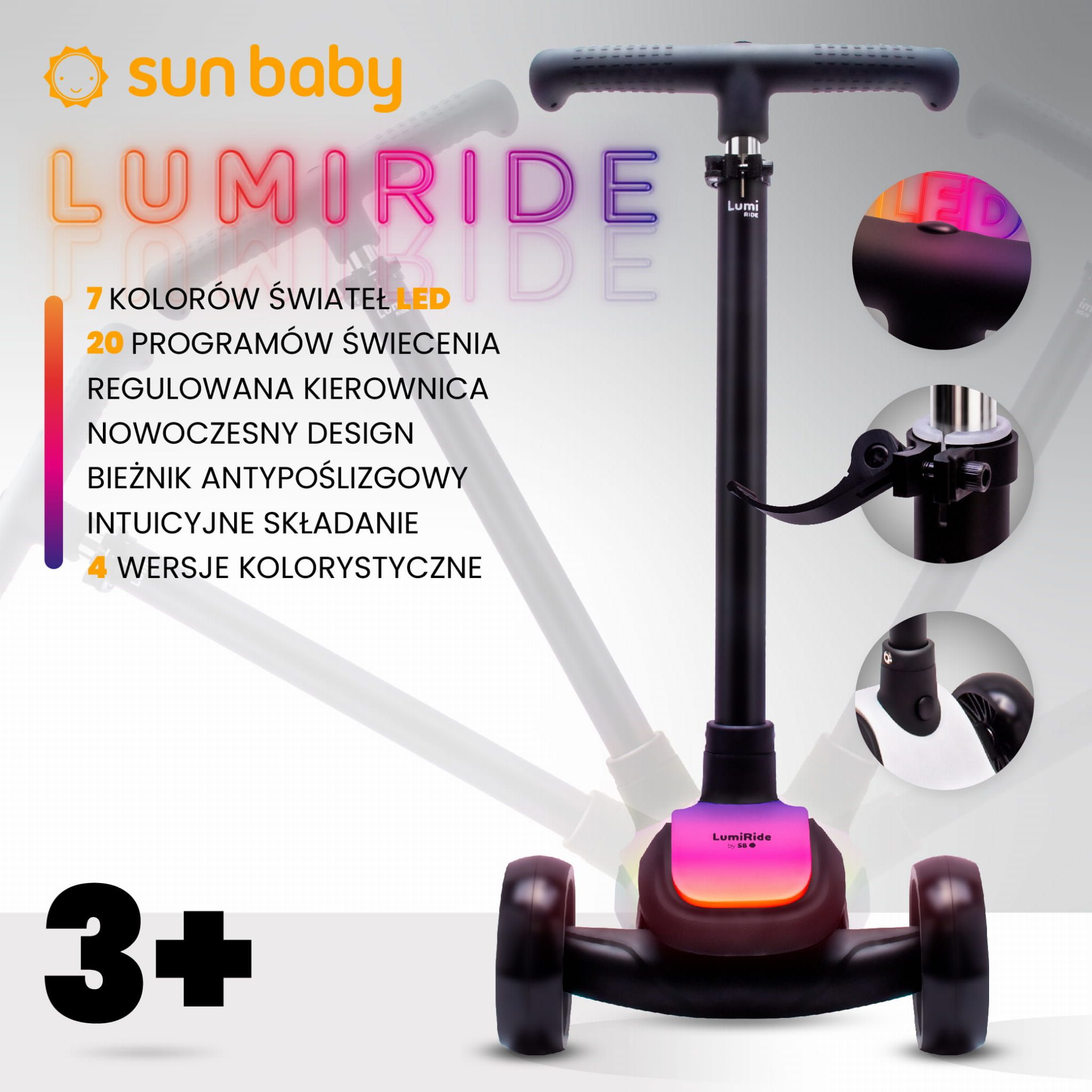 LUMI RIDE Hulajnoga trójkołowa balansowa składana regulowana Platforma LED 7 kolorów 20 programów czarny Sun Baby