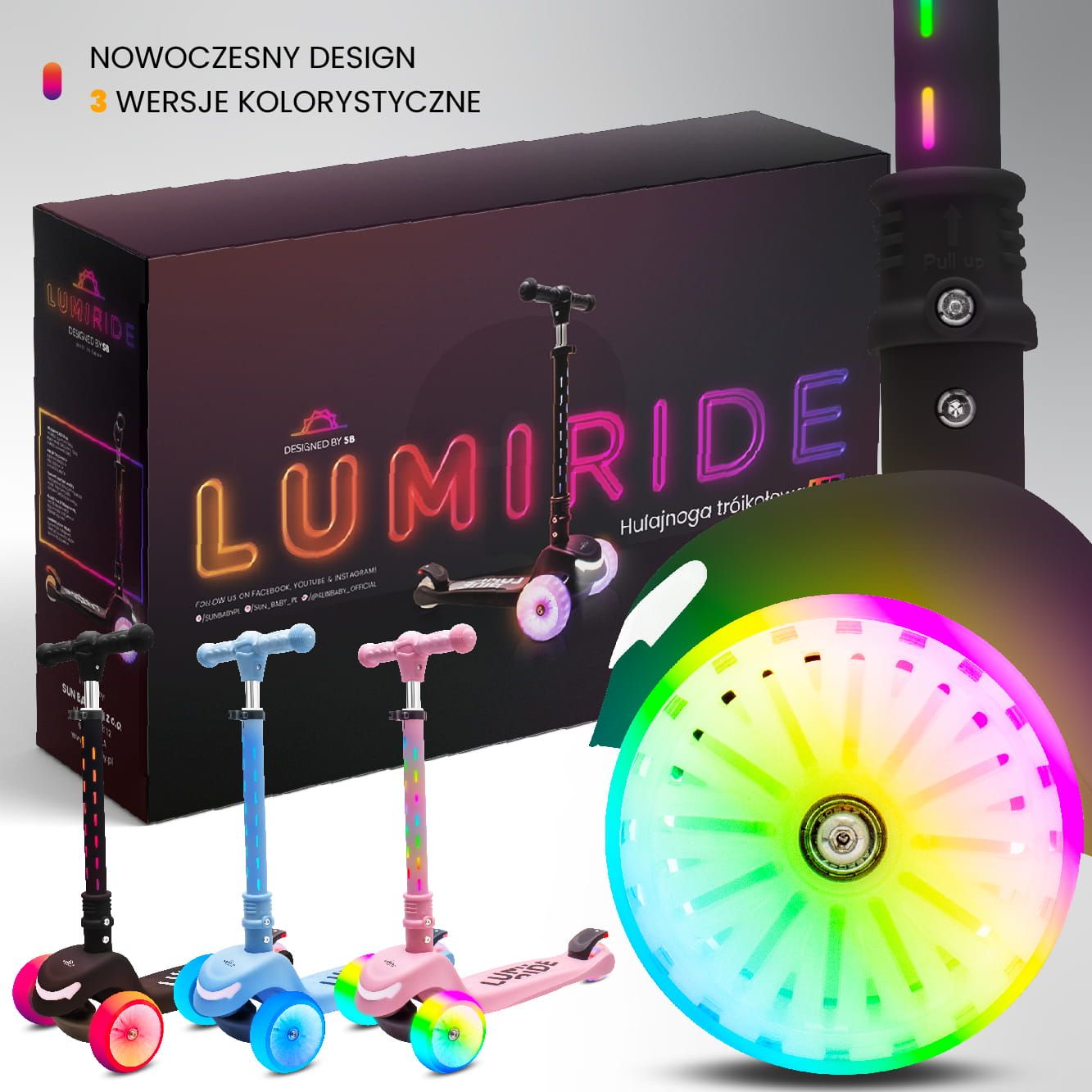 LUMI RIDE Hulajnoga trójkołowa balansowa składana regulowana Koła tęcza LED 7 kolorów 20 programów czarny Sun Baby