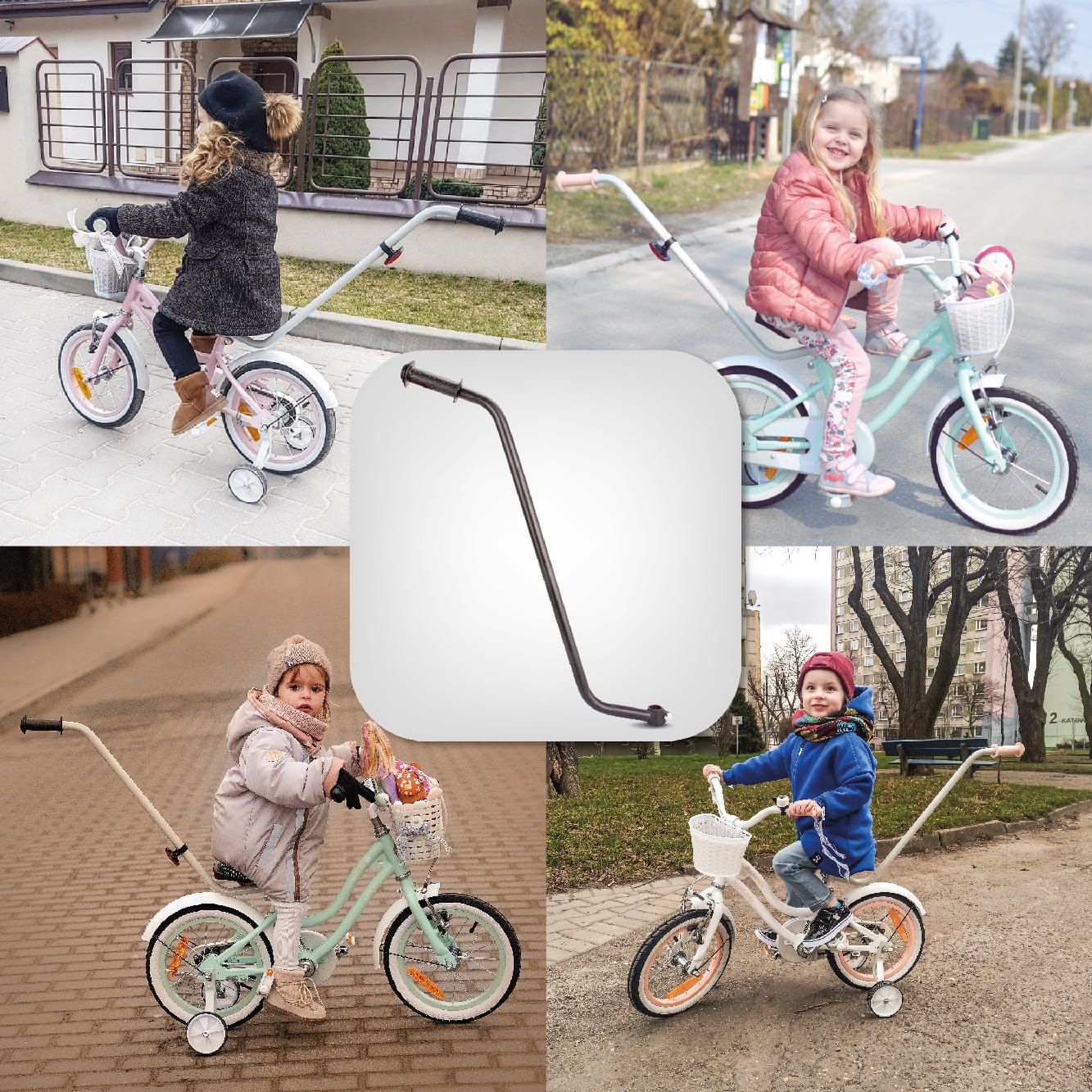 Fahrrad-Seitenräder, Stützräder 12-20 Zoll + Kinderfahrrad-Führungsgriff, Lerngriff 85 cm Set