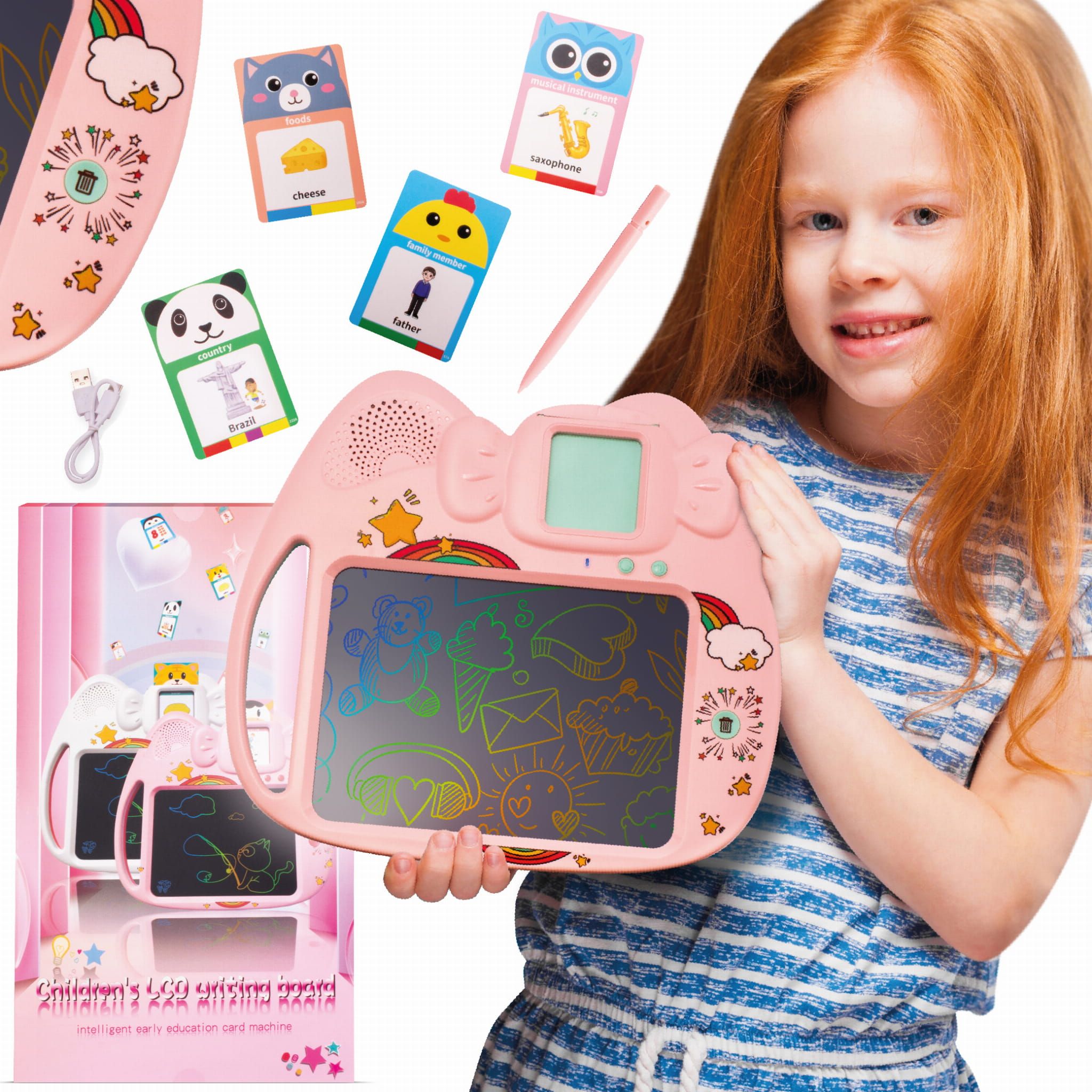 Tablet do rysowania znikopis Czytnik kart do nauki języka angielskiego 2w1 112 kart dwustronnych różowy Sun Baby