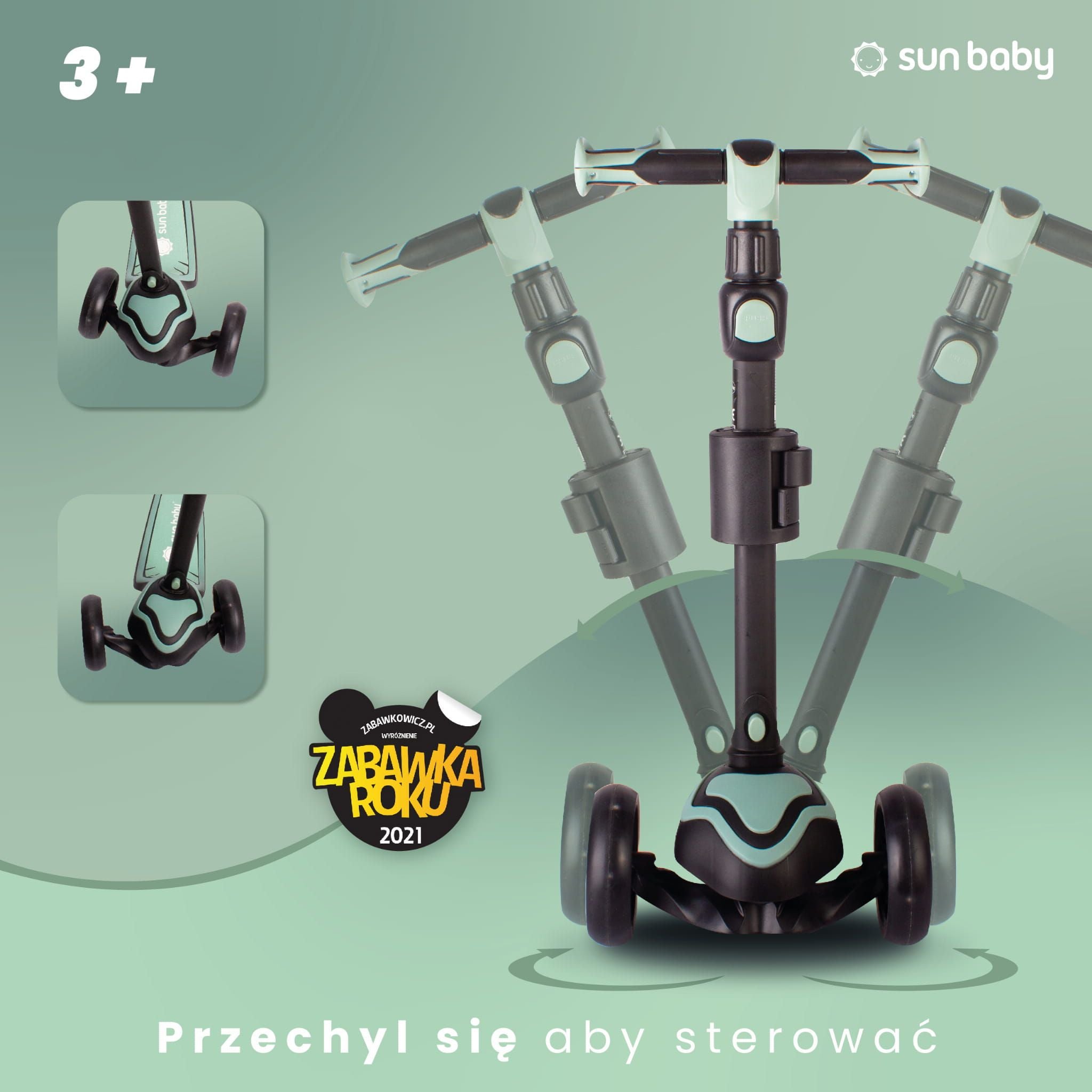 Hulajnoga dla dzieci trójkołowa balansowa Flash 3w1 LED zielona