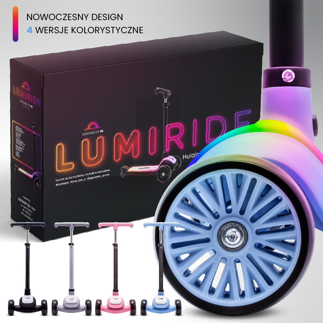 LUMI RIDE Hulajnoga trójkołowa balansowa składana regulowana Platforma LED 7 kolorów 20 programów niebieski Sun Baby