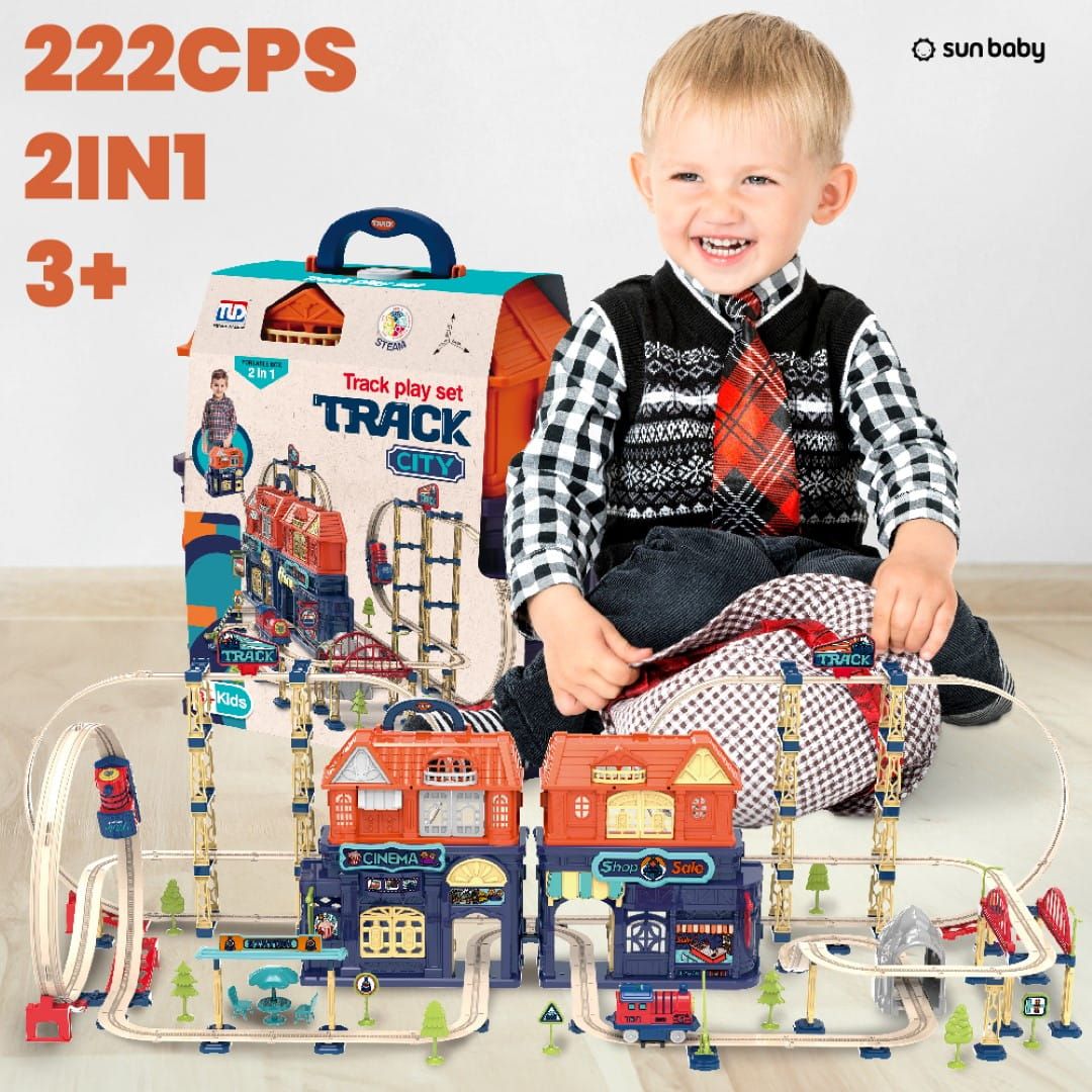 Kolejka elektryczna dla dzieci 2w1 składana w walizce 222 el Duże Tory kolejowe Pociąg Lokomotywa Kolejka Naklejki Zestaw Sun Baby