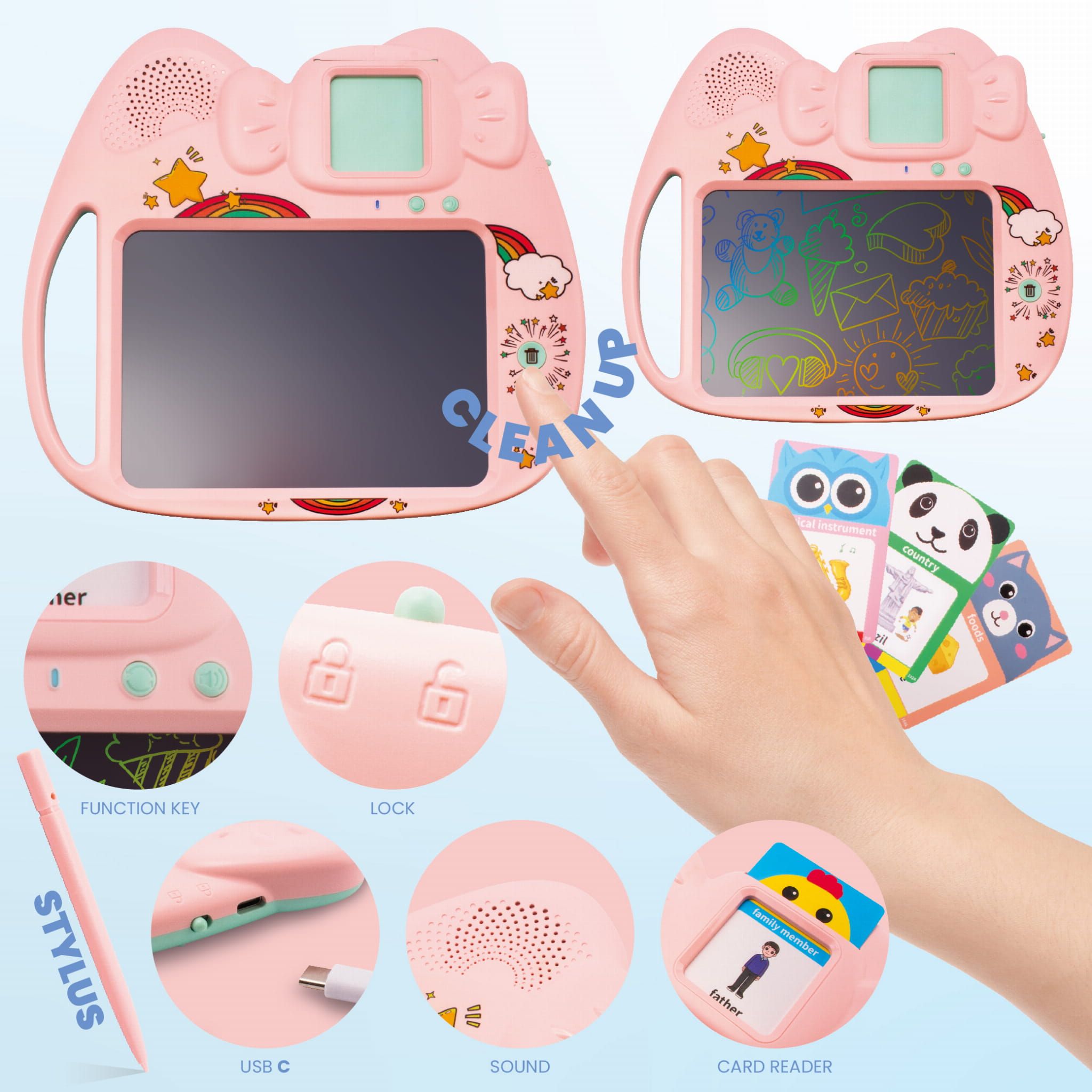 Tablet do rysowania znikopis Czytnik kart do nauki języka angielskiego 2w1 112 kart dwustronnych różowy Sun Baby