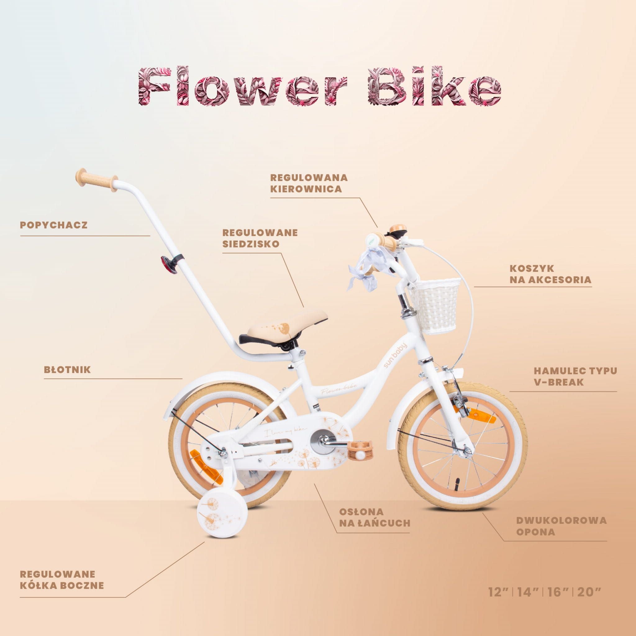 Rower dla dziewczynki 14 cali Pchacz Kółka boczne Koszyk Flower bike Dmuchawiec biało beżowy Sun Baby