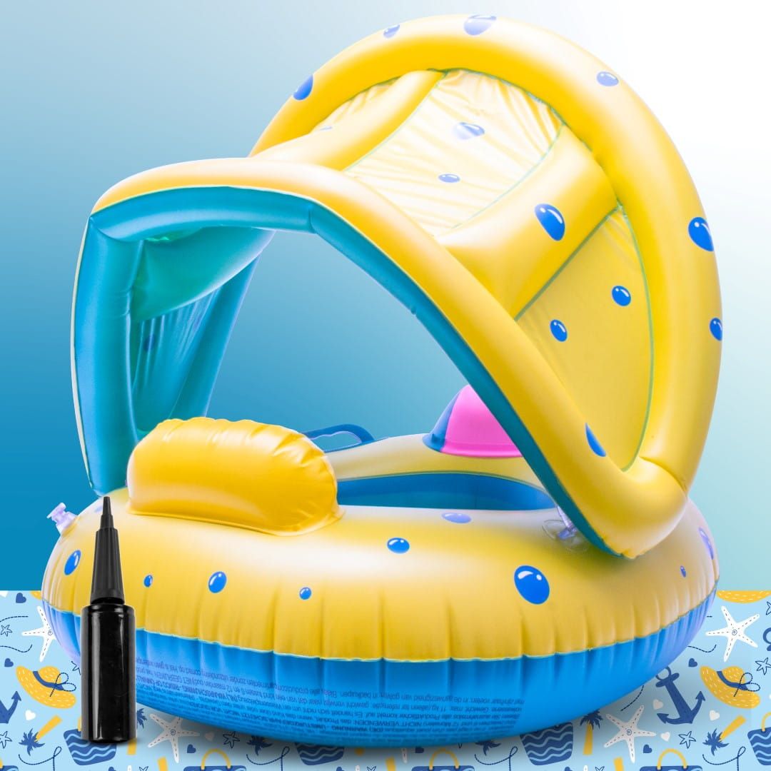 Koło do pływania Materac dmuchany Pontonik dla dzieci z daszkiem z kierownicą Pompka ręczna Sun Baby