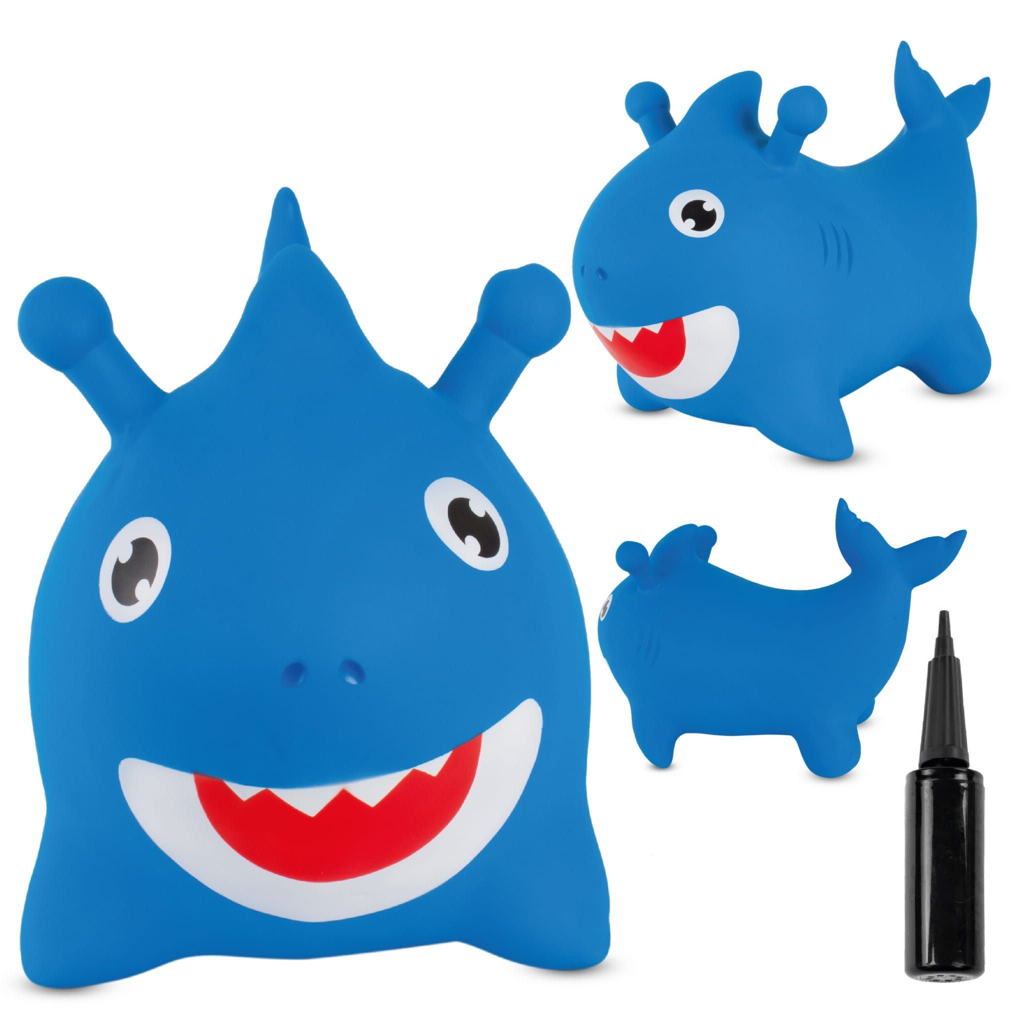 Duży gumowy skoczek dla dzieci Rekin Baby Shark niebieski do skakania z pompką, zabawka do skakania
