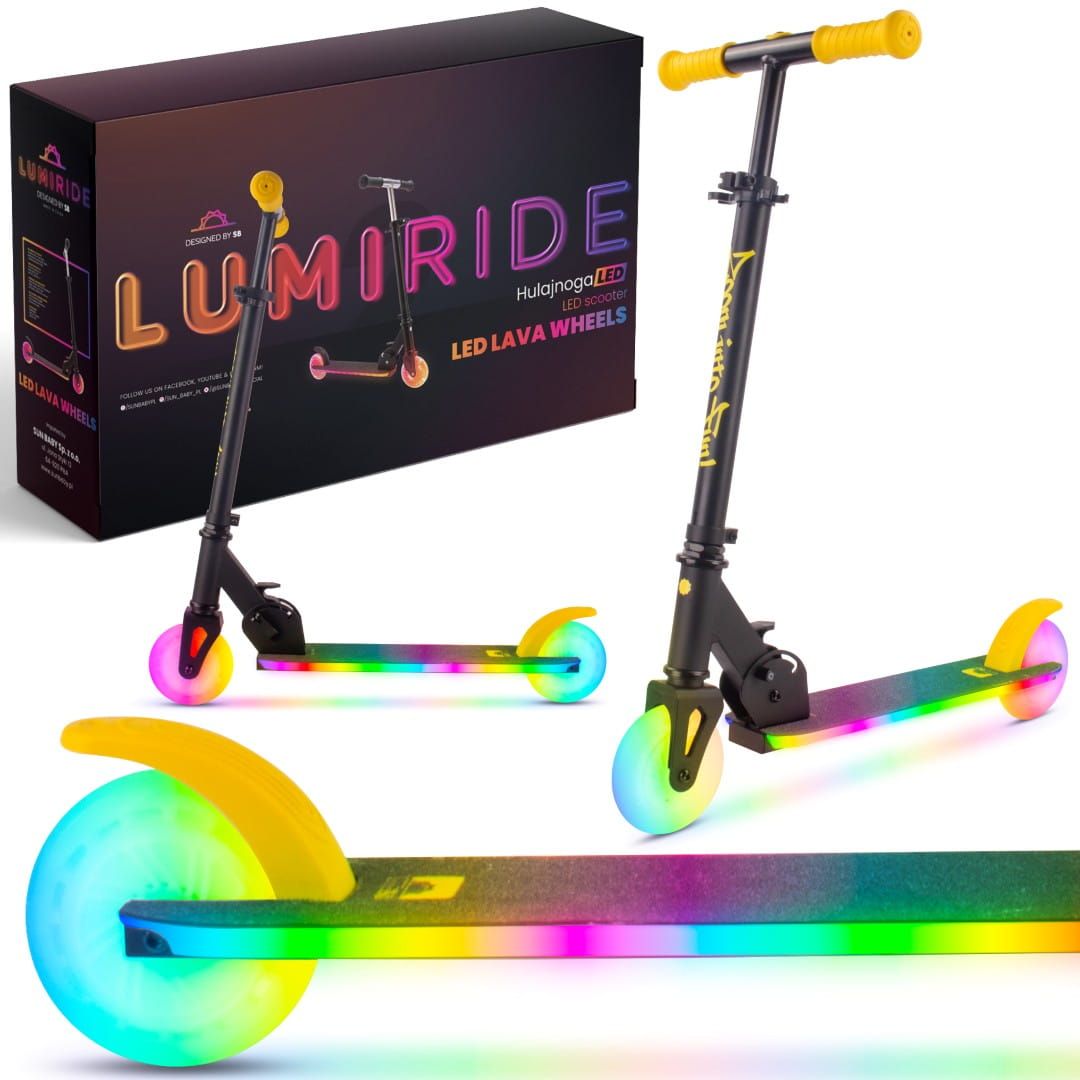 LUMI RIDE Hulajnoga dwukołowa dla dzieci składana regulowana LED 7 kolorów 20 programów czarny żółty Sun Baby