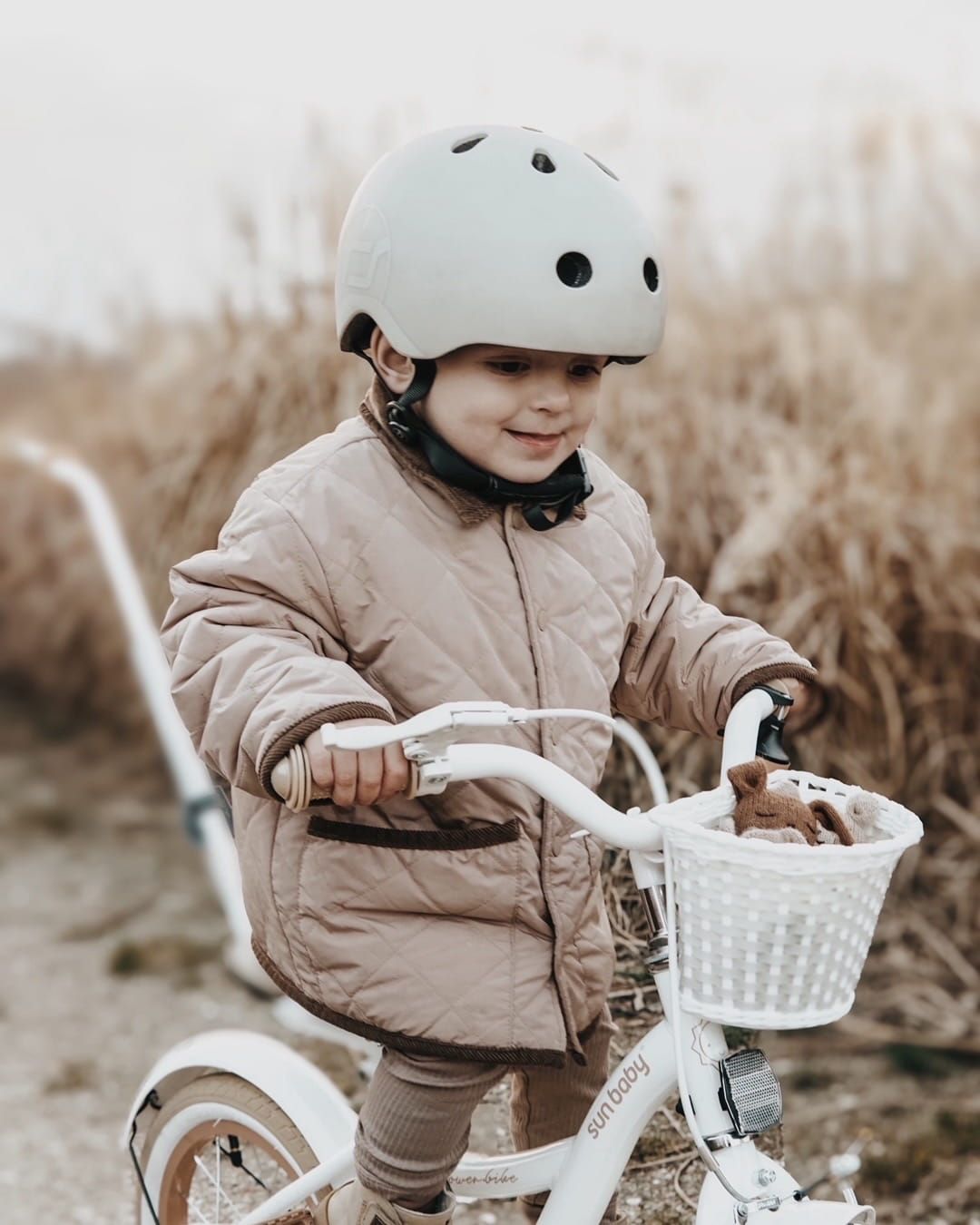 Rower dla dziewczynki 14 cali Pchacz Kółka boczne Koszyk Flower bike Dmuchawiec biało beżowy Sun Baby