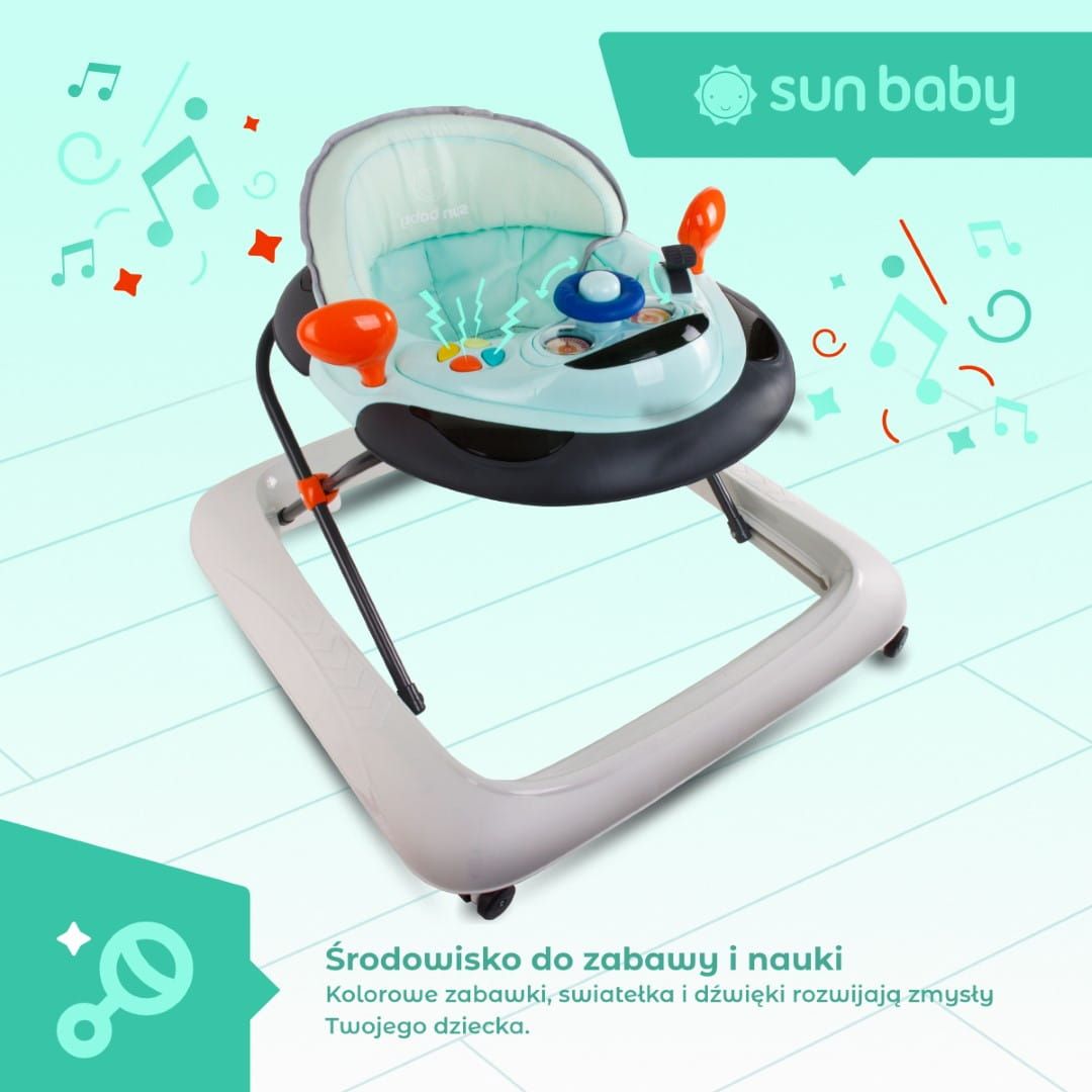 Chodzik dla dzieci interaktywny do nauki chodzenia regulacja wysokości kierownica stopery turkusowo szary