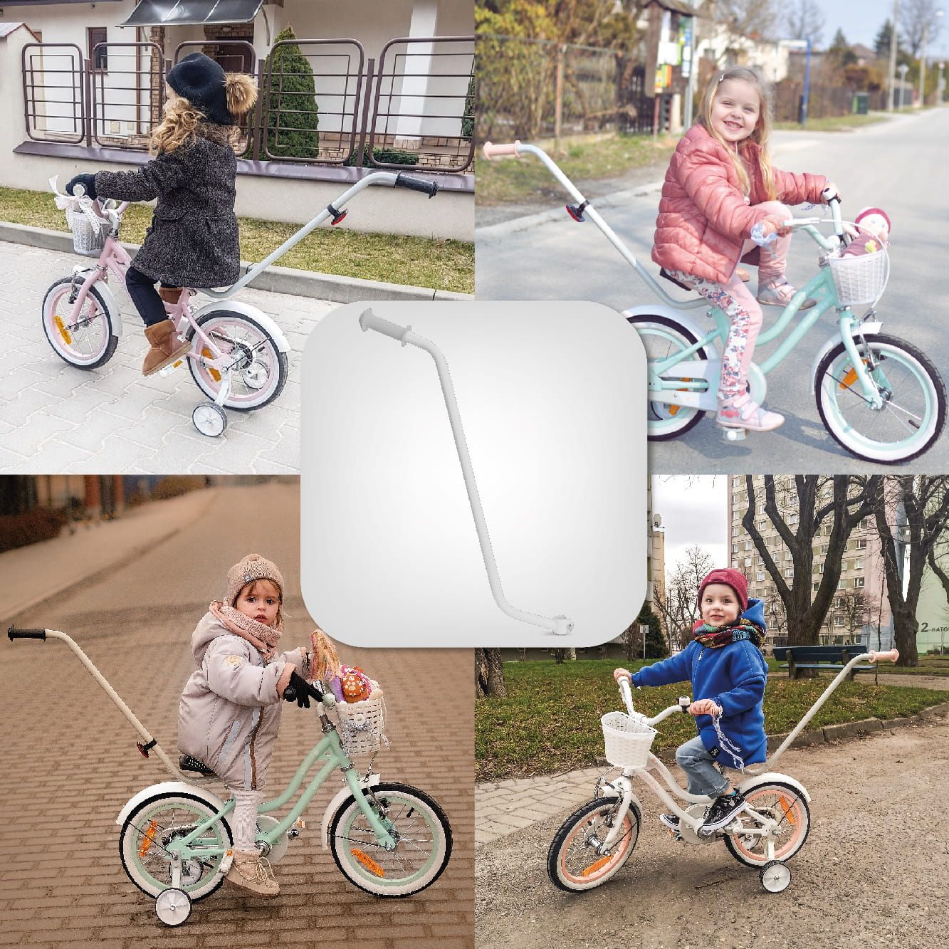 Kółka boczne do roweru Koła podporowe 12-20 cali + Prowadnik do rowerka dziecięcego Grip Uchwyt do nauki 85 cm Zestaw