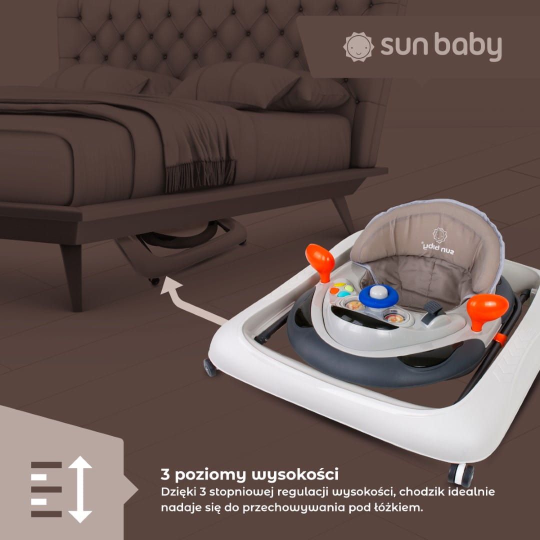 Chodzik dla dzieci interaktywny do nauki chodzenia regulacja wysokości kierownica stopery szary Sun Baby