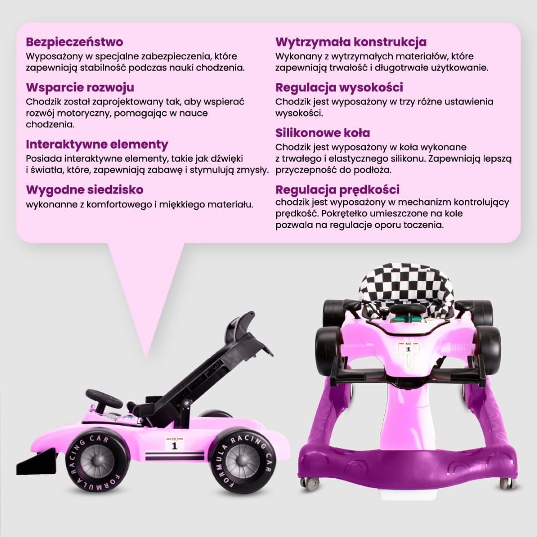 Interaktywny Chodzik jeździk pchacz Wyścigówka Formuła 1 3w1 różowy