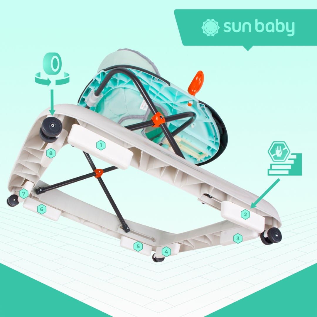 Chodzik dla dzieci interaktywny do nauki chodzenia regulacja wysokości kierownica stopery turkusowo szary