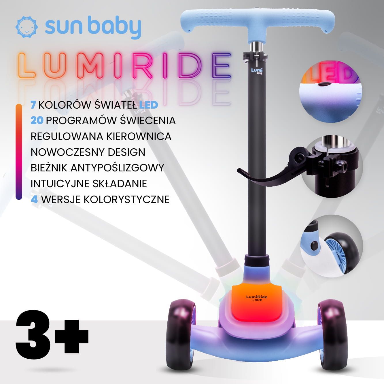 LUMI RIDE Hulajnoga trójkołowa balansowa składana regulowana Platforma LED 7 kolorów 20 programów niebieski Sun Baby